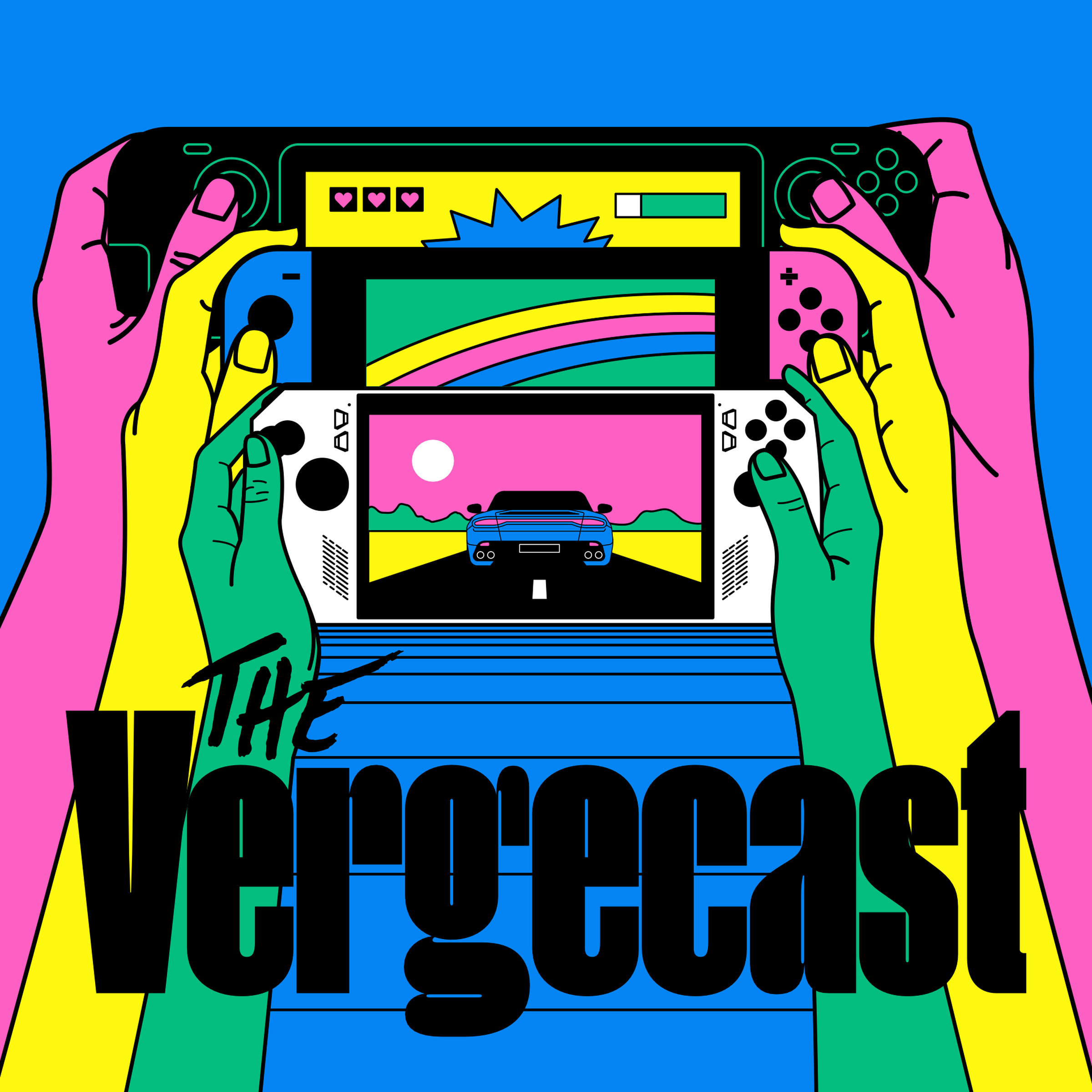 Illustration of the Vergecast logo with handheld gaming consoles