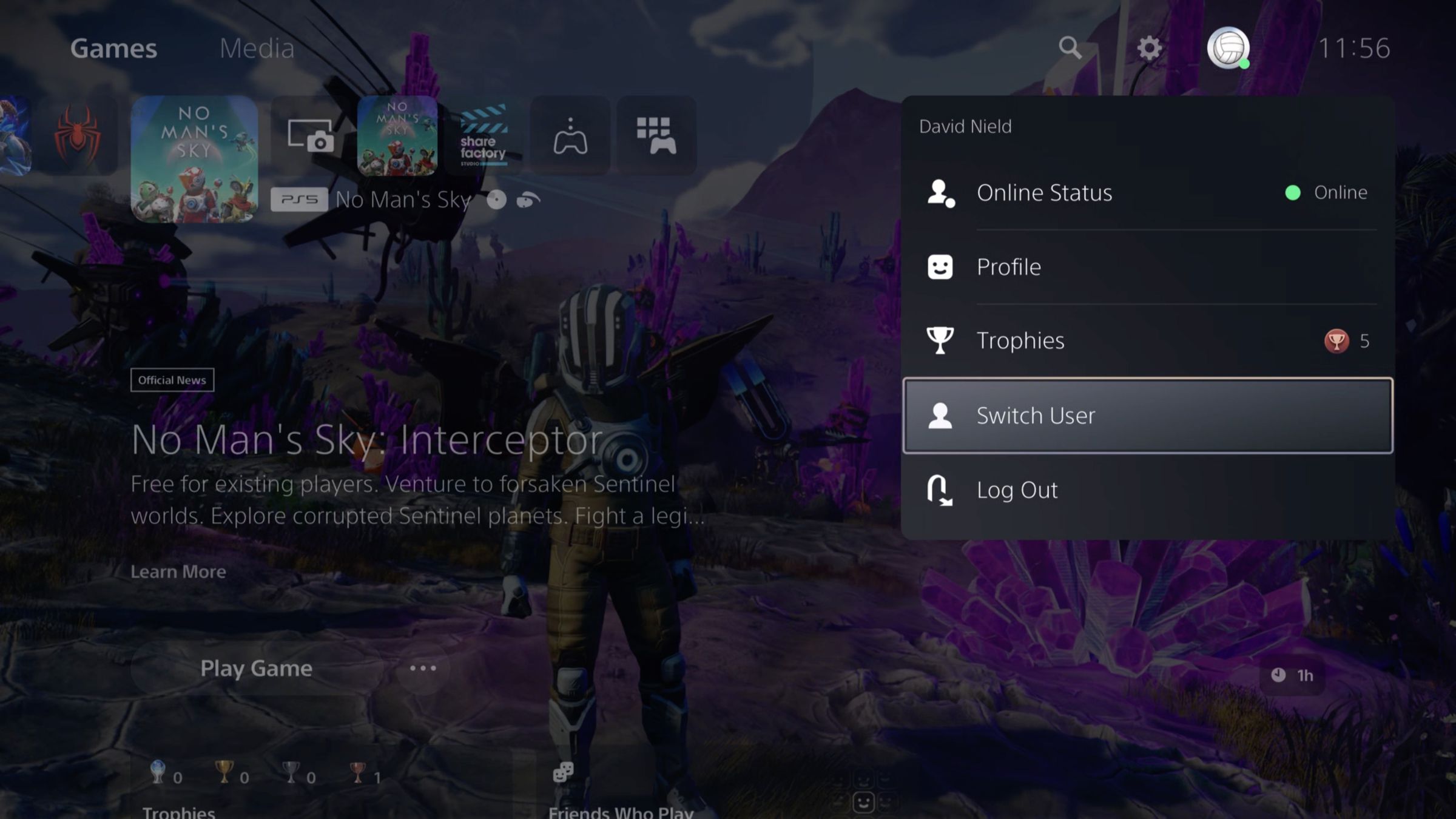 Dark PS5 screen with window listing Online Status, Profile, Trophies, Switch User, Log Out