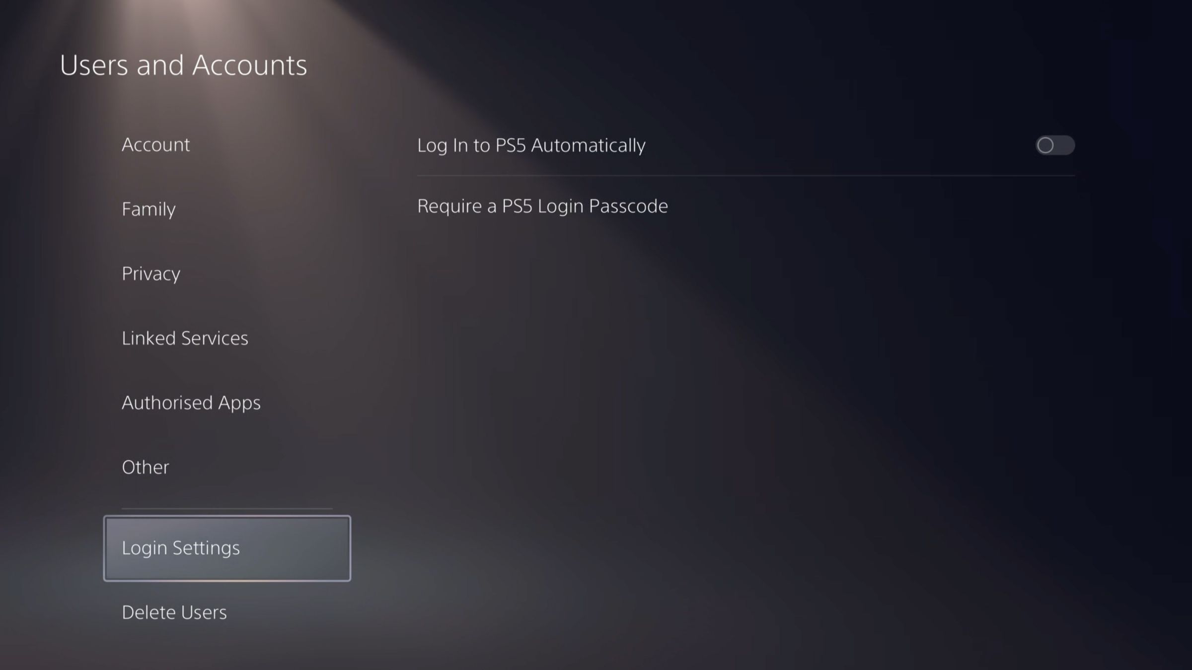 Page headed Users and Accounts with a list of options on the left, Login Settings highlighted, and on the right, two options: Log in to PS5 Automatically, and Require a PS5 Login Passcode