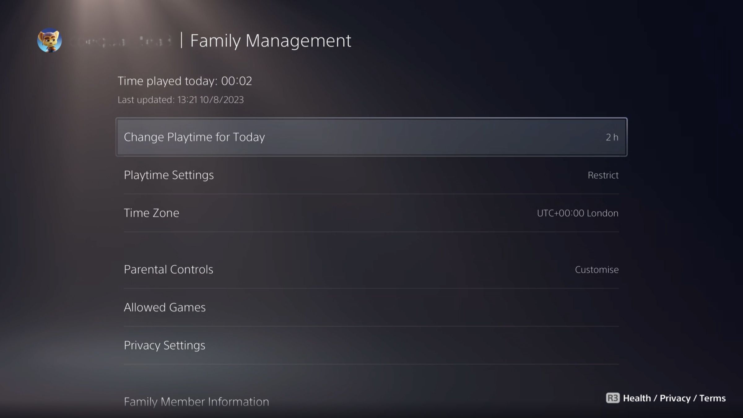 Page headed Family Management with a list of choices and info like Time Played Today, Change Playtime for Today, Playtime Settings, and Time Zone.