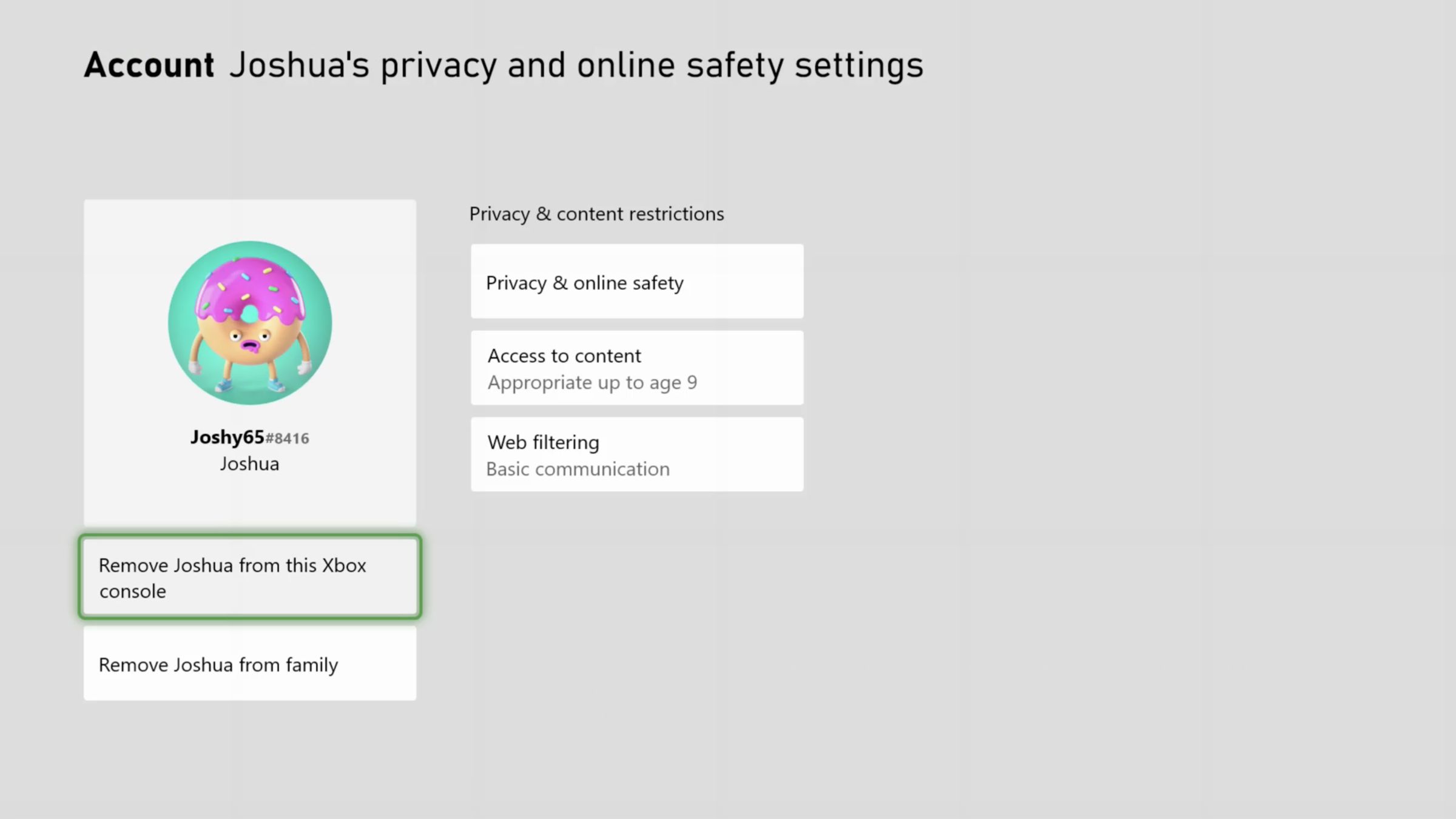page headed “Account Joshua’s privacy and online safety settings” below that a box with an animated cupcake drawing labeled Joshy65 and a highlight around “Remove Joshua from this Xbox console” and another column labeled “Privacy &amp; content restrictions” with three menu choices.