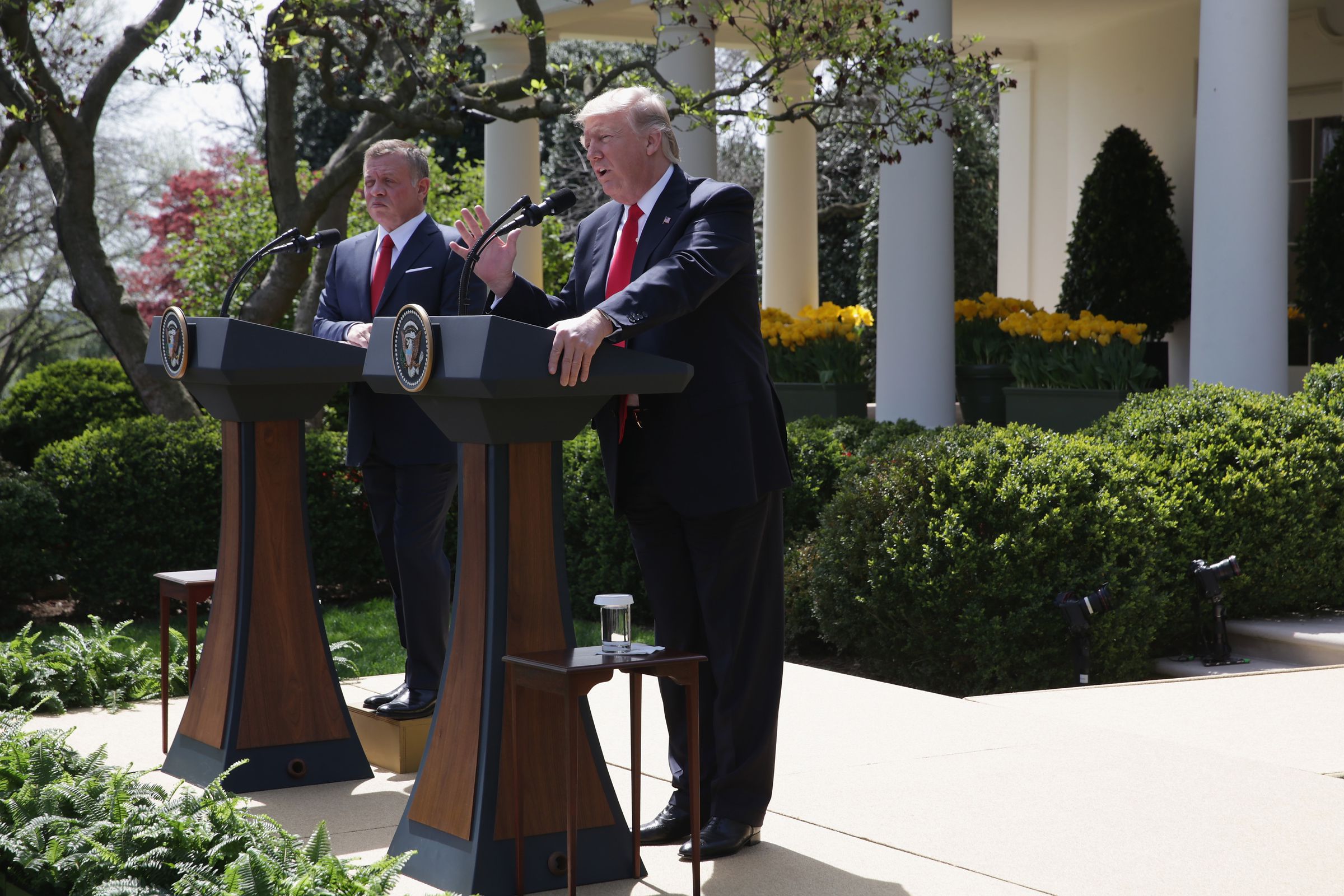 WASHINGTON, DC - APRIL 05: U.S. President Donald Trump and King Abdullah II of Jordan participate in a joint news conference at the Rose Garden of the White House April 5, 2017 in Washington, DC. President Trump held talks on Middle East peace process and other bilateral issues with King Abdullah II.