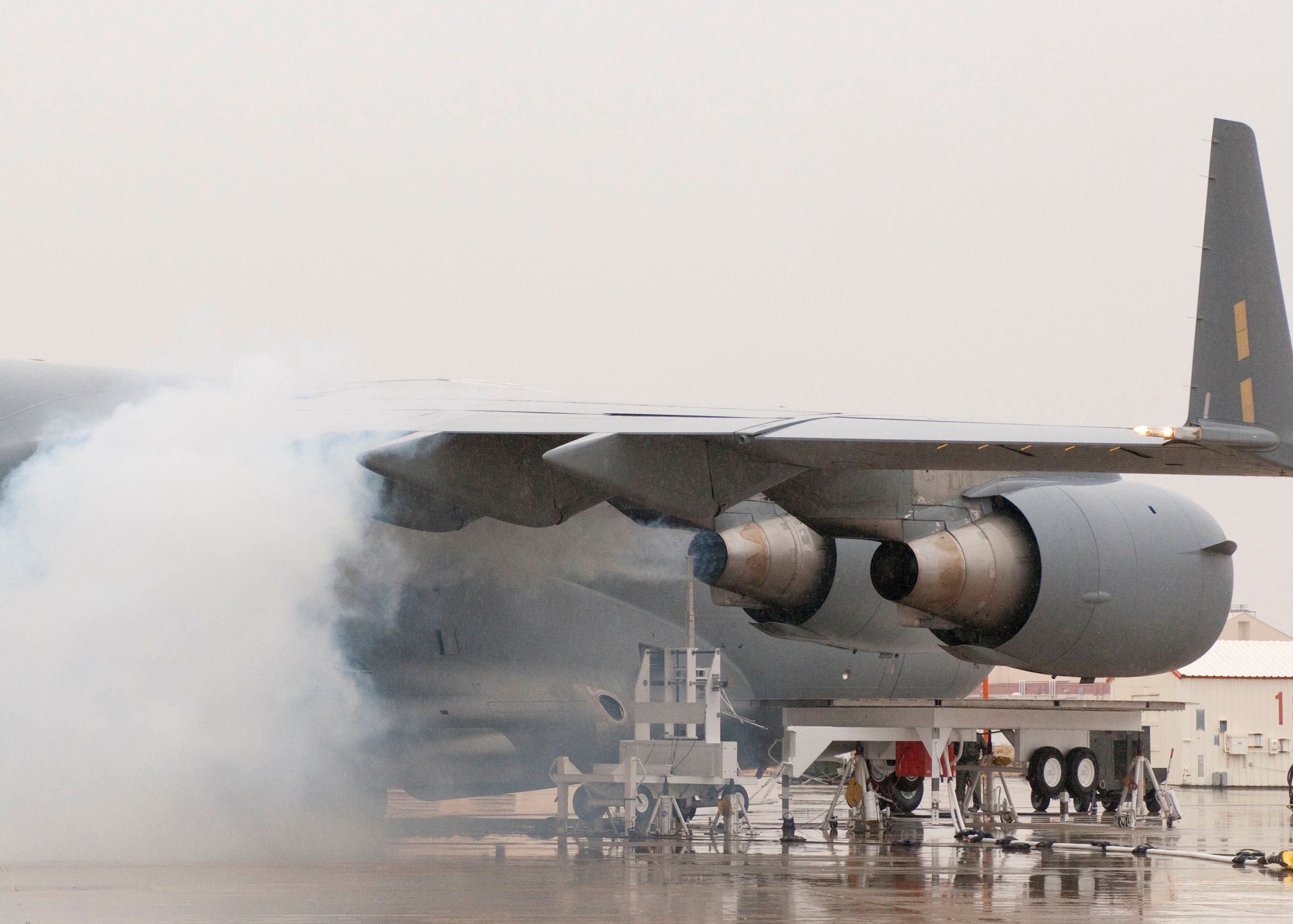 NASA and US Air Force employees blow ash up a C-17 aircraft’s engines to simulate flying through a volcanic ash cloud. The ash was sourced from an ancient volcano in Oregon. 