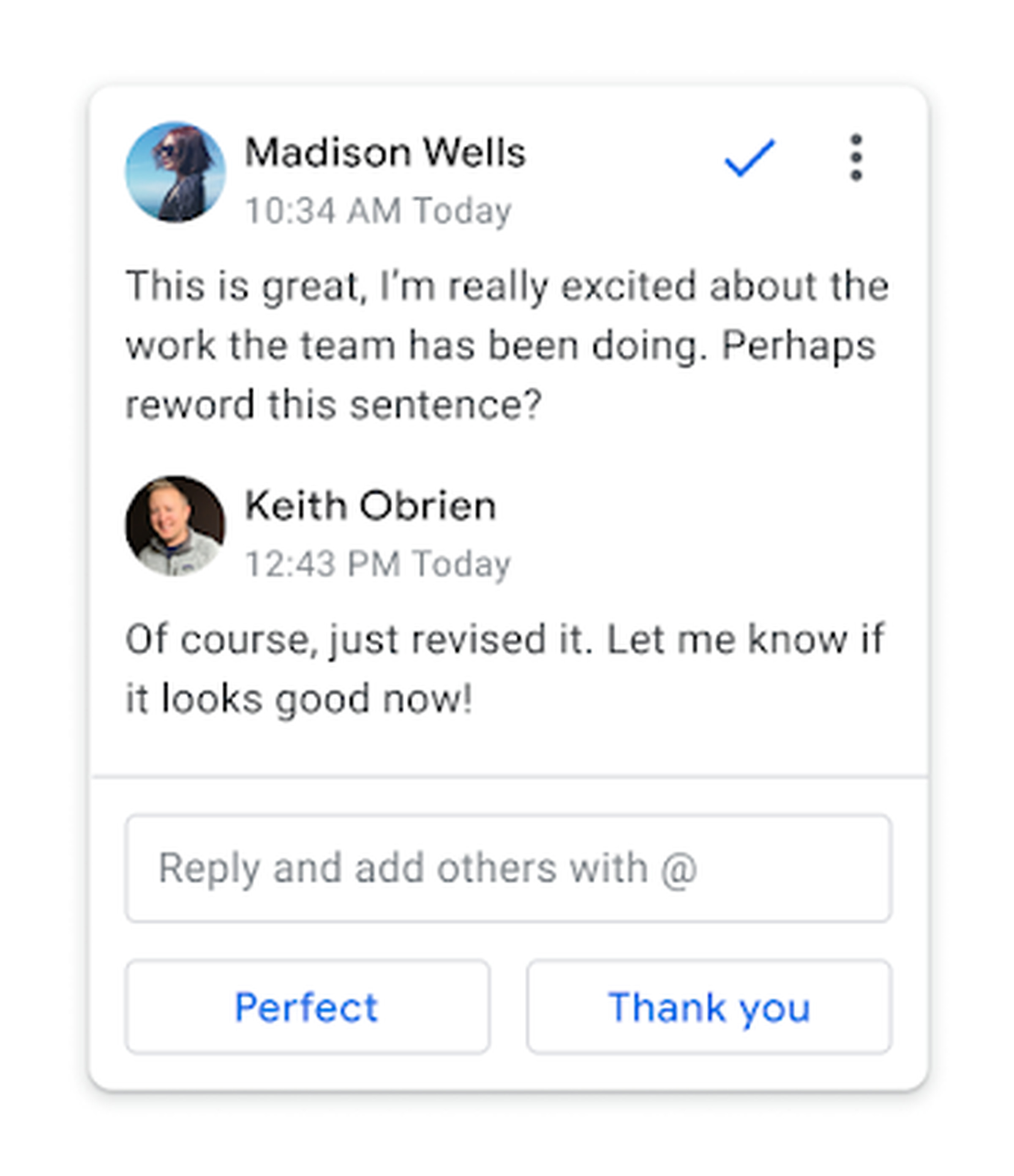 Smart Reply as it appears in comments in Google Docs. 