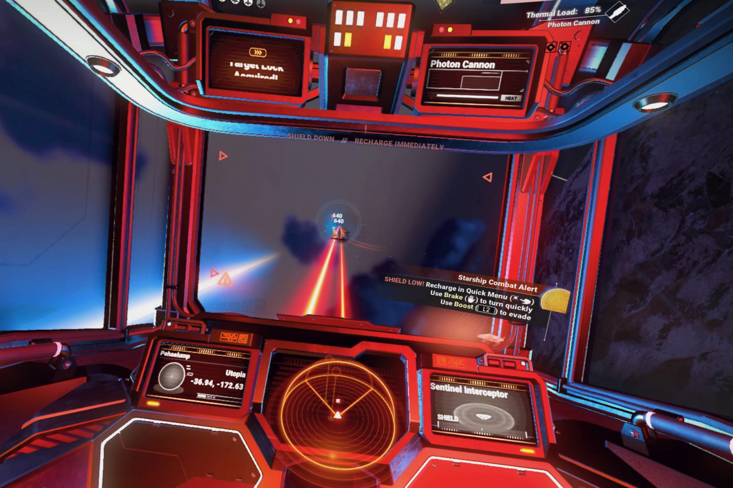 In this screenshot from No Man’s Sky, a person fires lasers from the cockpit of a spaceship.