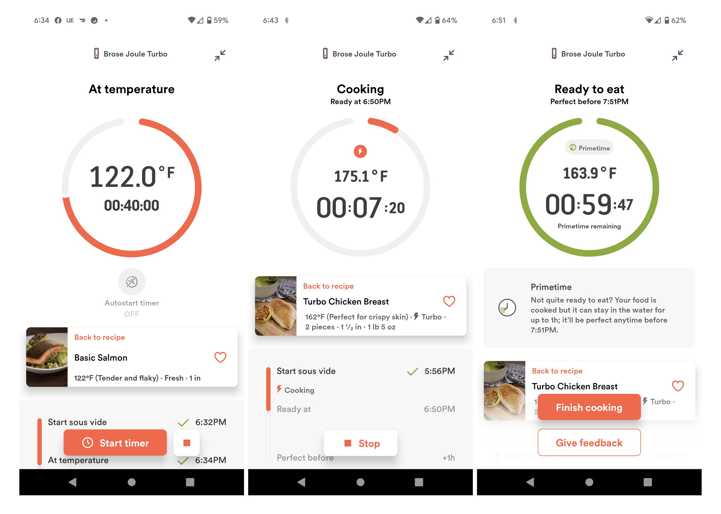Screenshots of Breville’s Joule app showing various stages of the cooking process.