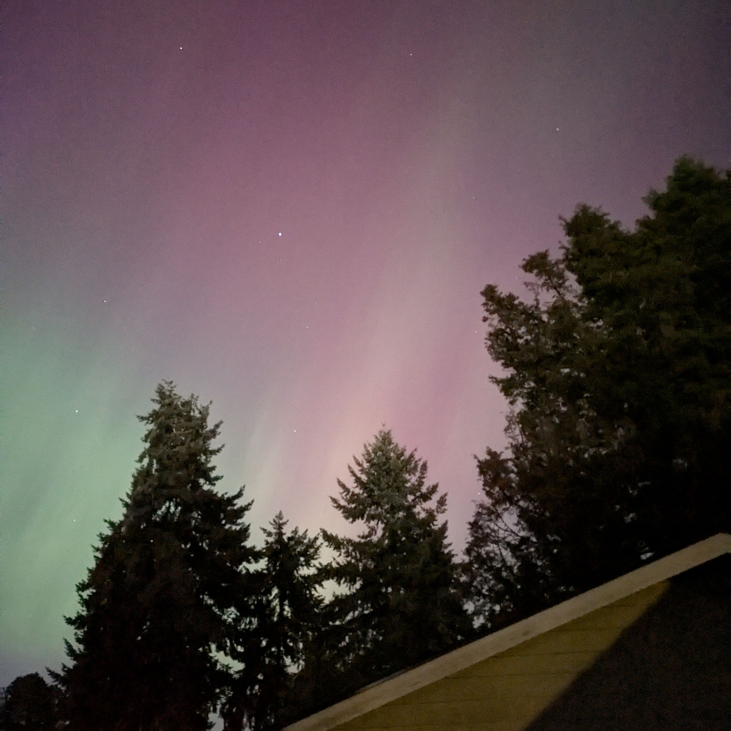 Photo of northern lights over a rooftop.