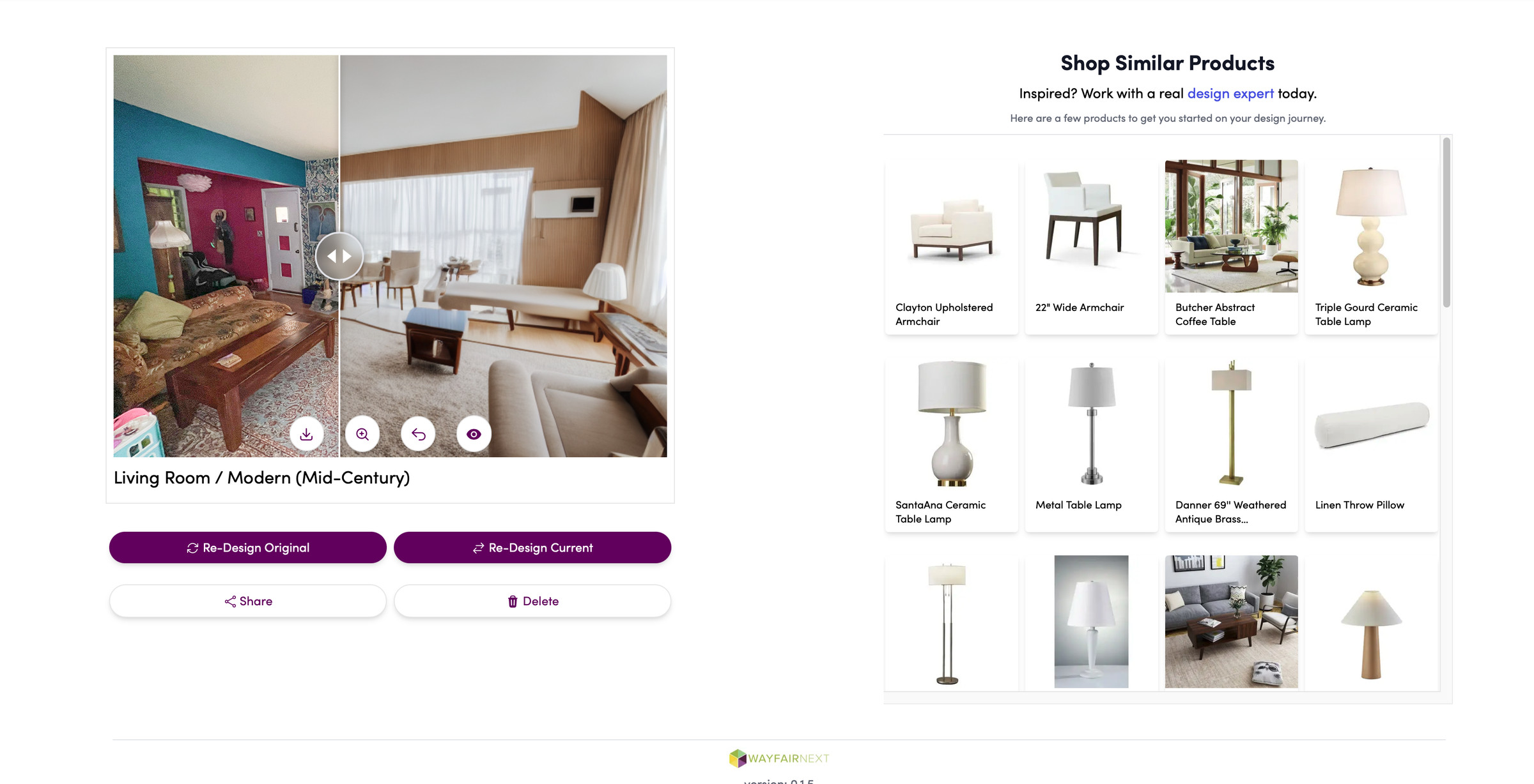 Screenshot showing an AI-generated picture with a split in the middle showing the original room picture, and showing the furniture recommendations on the right side of the screen.