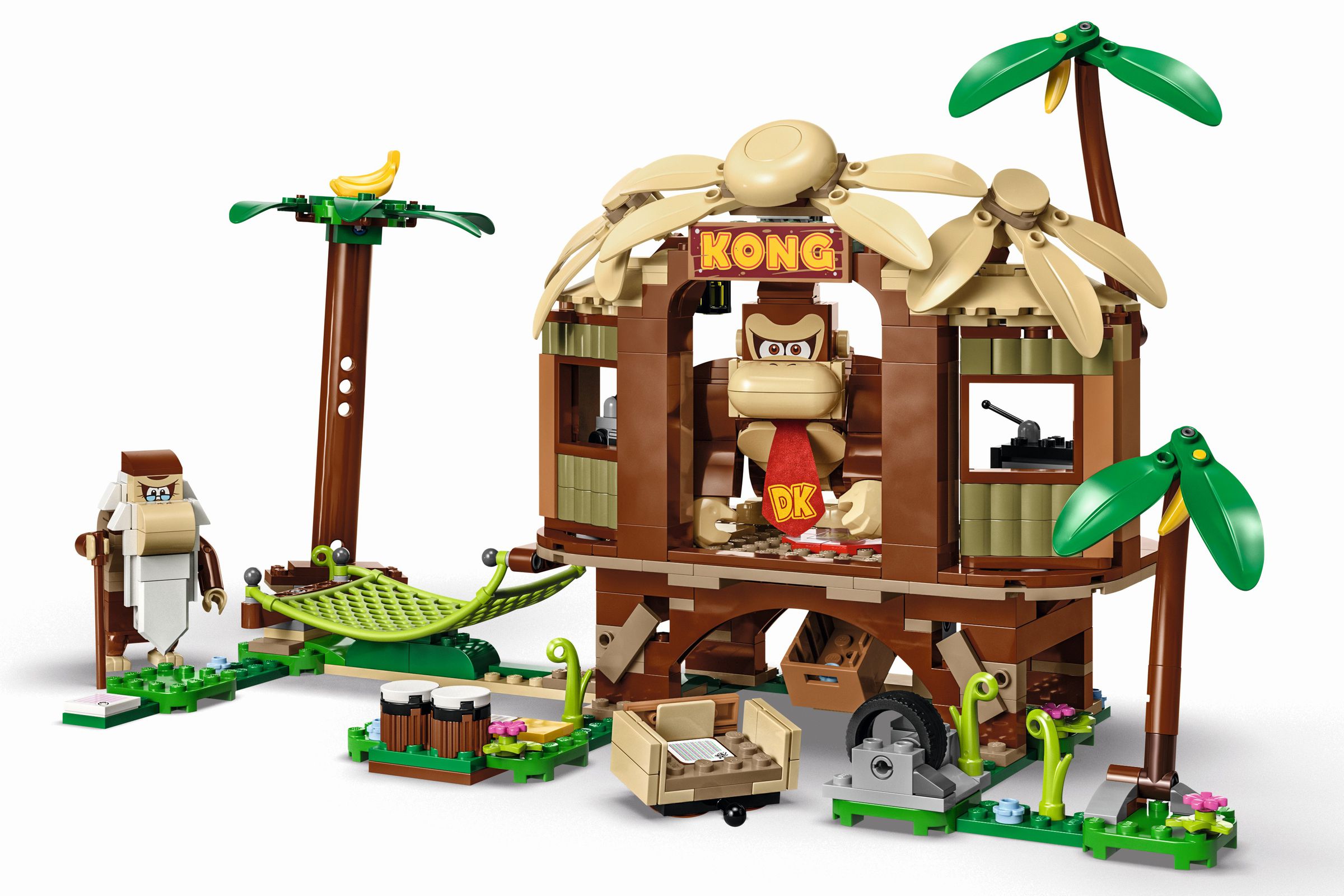 Donkey Kong peeks out of his Lego tree house.