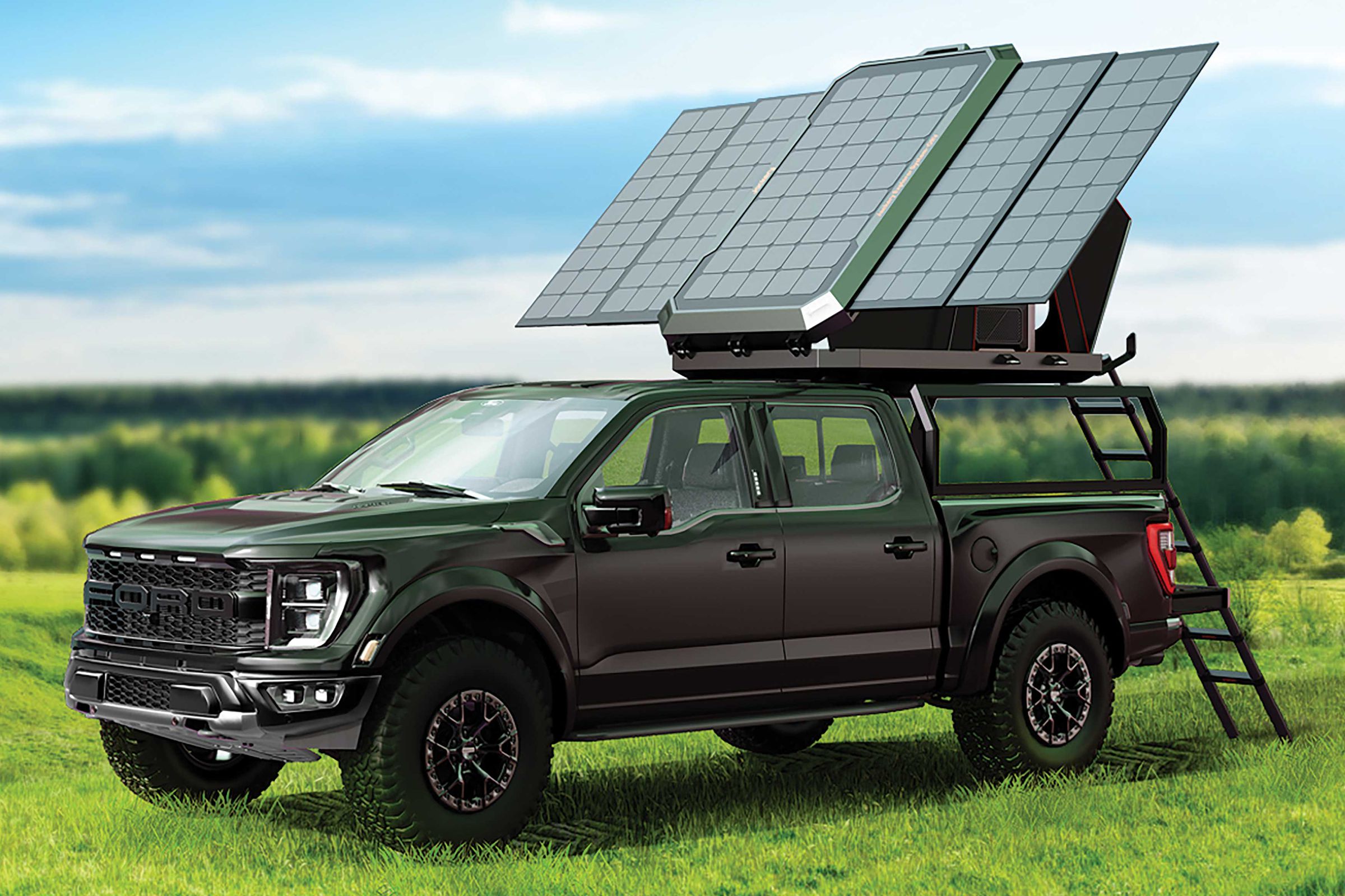 A pickup truck sits in an open field while the rooftop tent is unfurled on the truck’s roof, with the giant solar array angled at the sun.