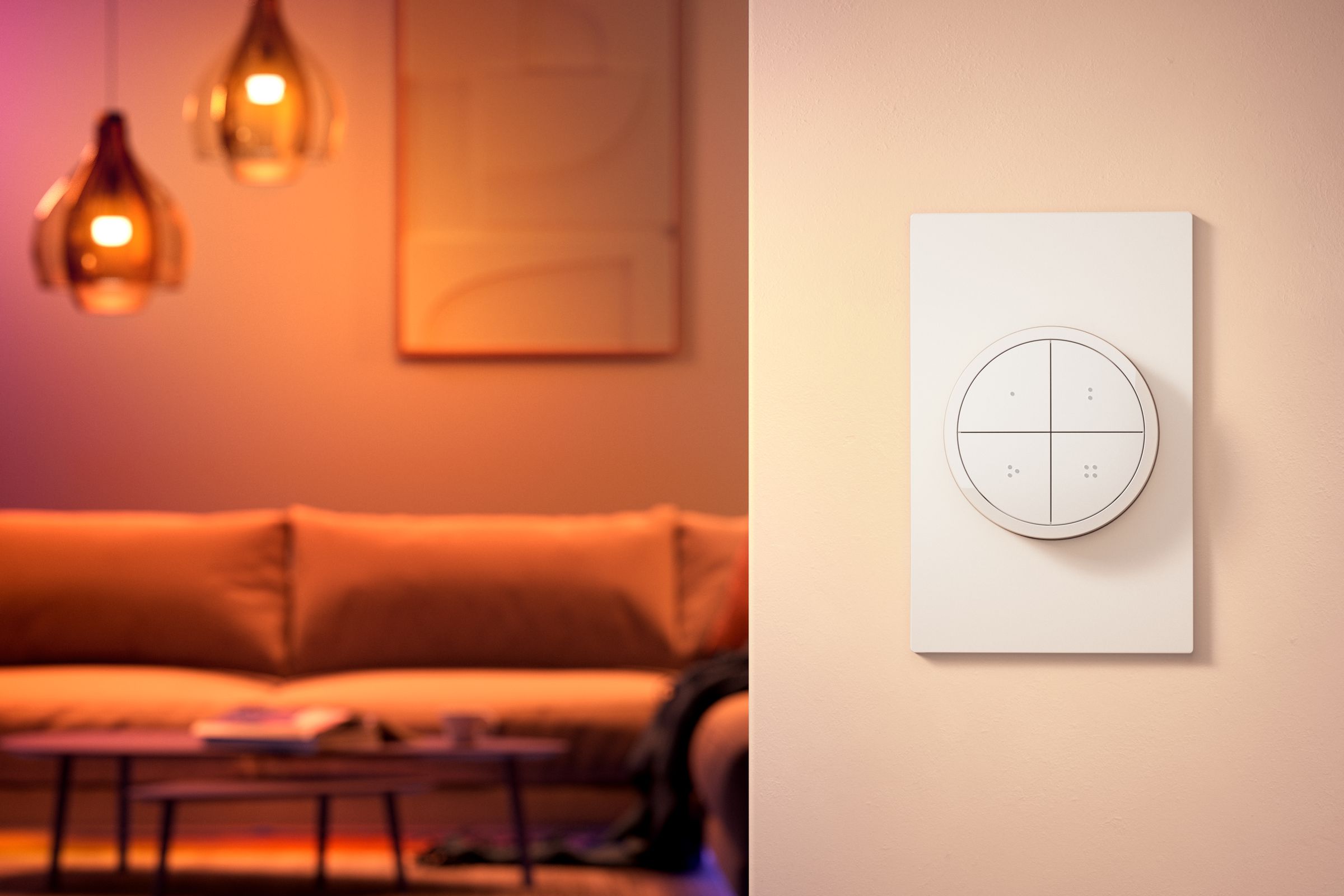 The faster you turn the Philips Hue Tap dial switch the faster your lights brighten or dim.