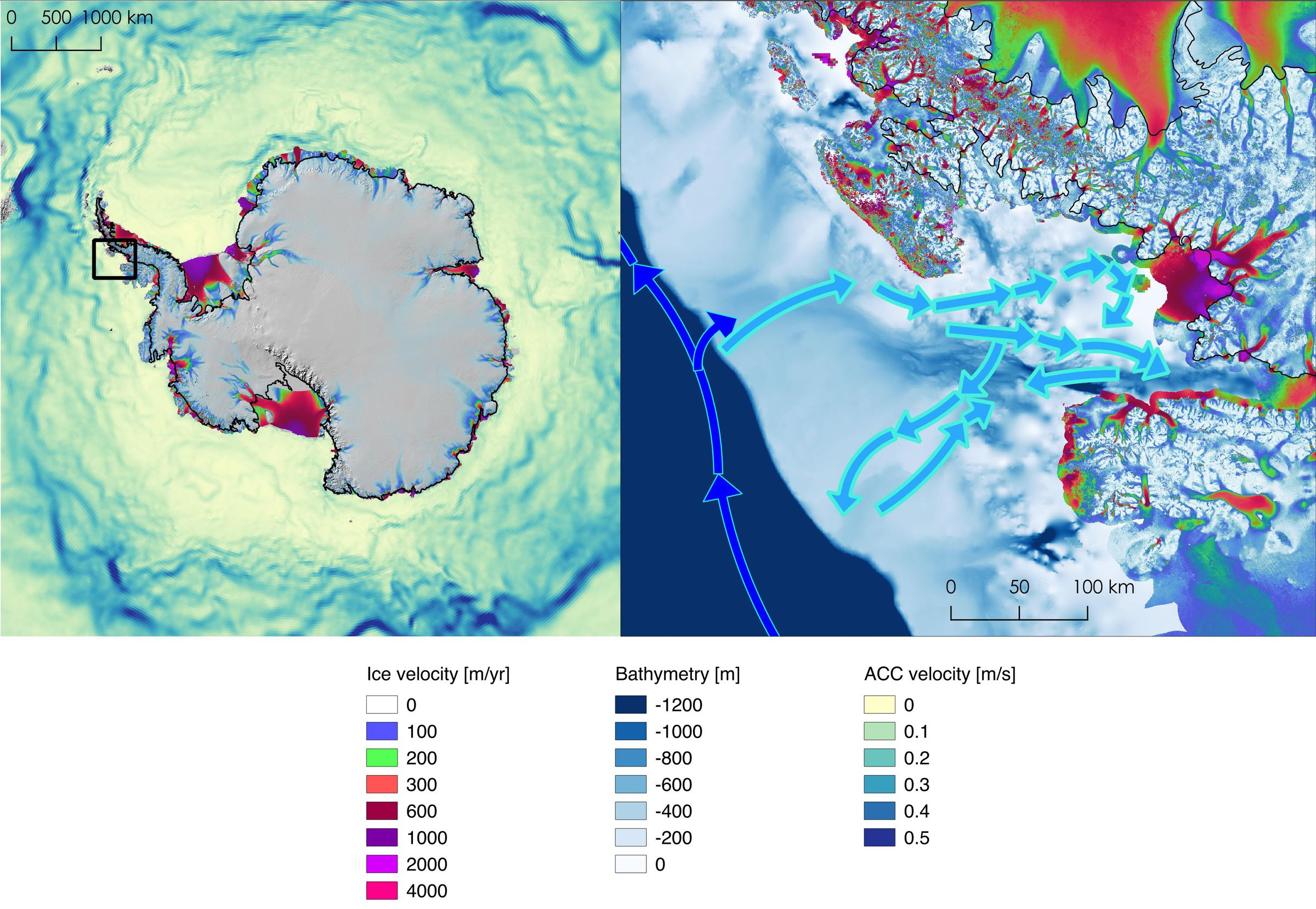 Location of Marguerite Bay in Antarctica (left) and ice velocities, ocean depth, and currents in the bay (right).