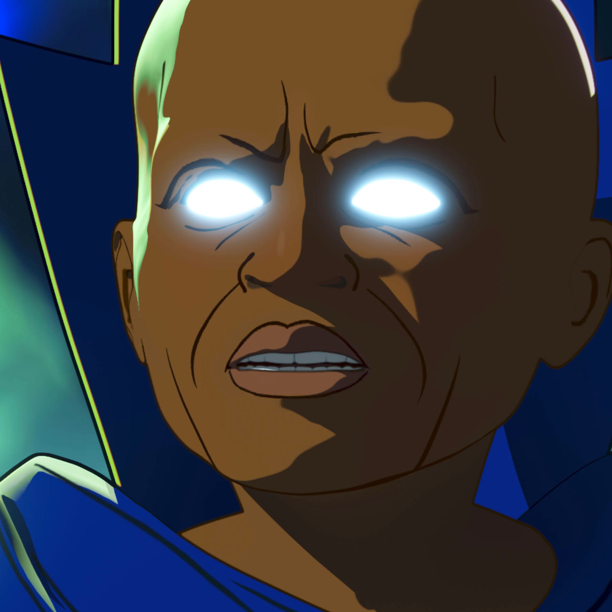 A bald man with a massive forehead wearing a high-necked cape.