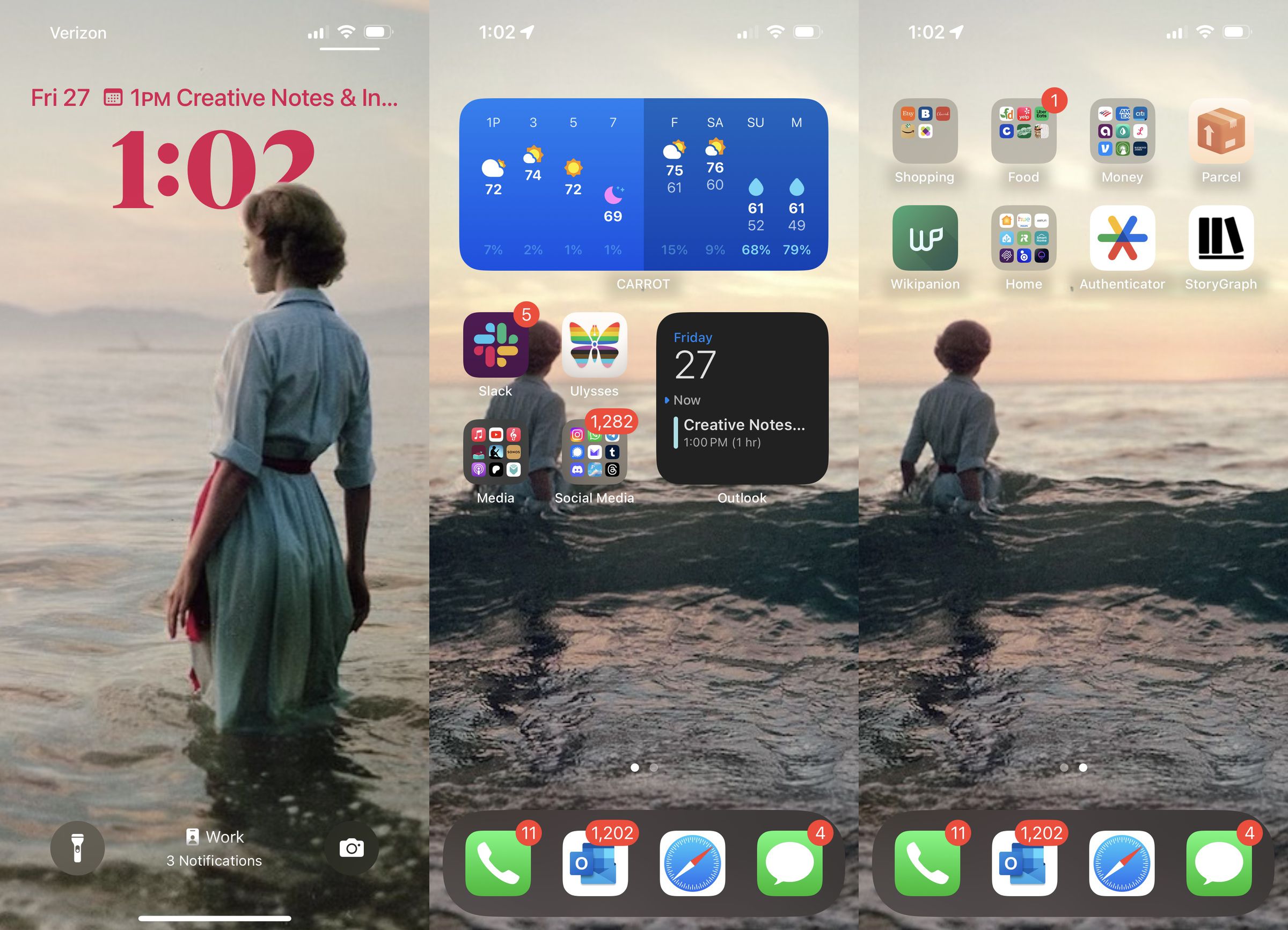 Three panels of a homescreen from an iPhone