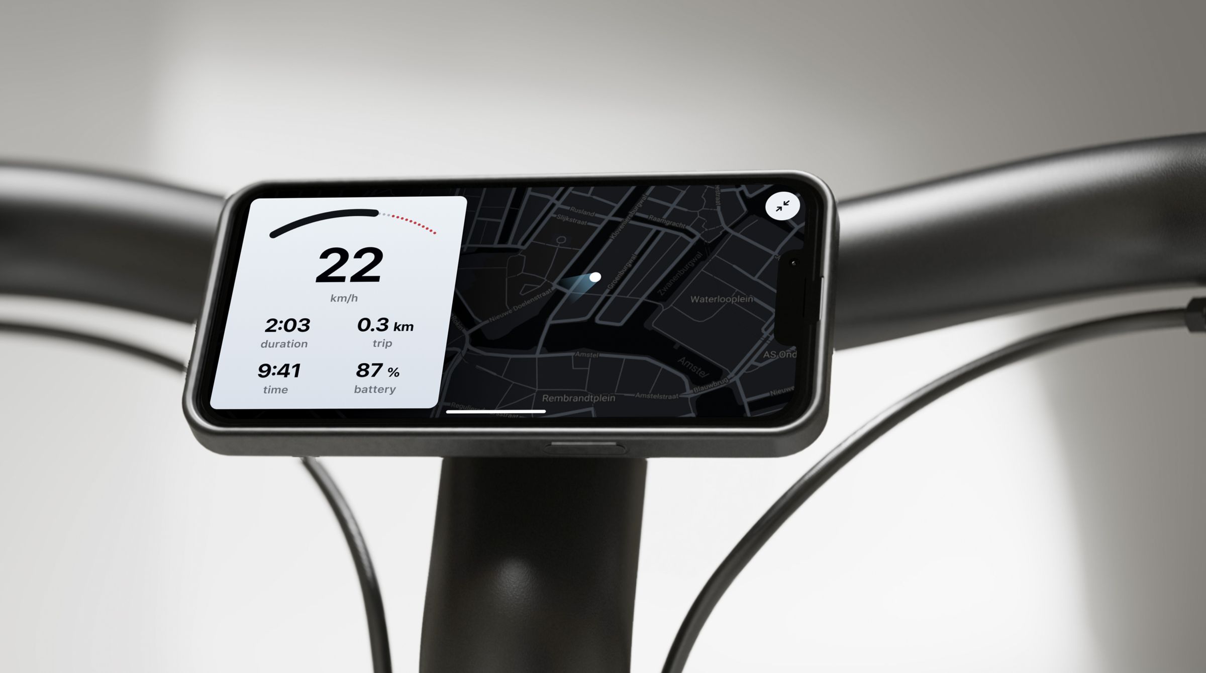 The VanMoof app can be used as a dashboard with optional phone mount and new USB-C charging jack under the handlebar.