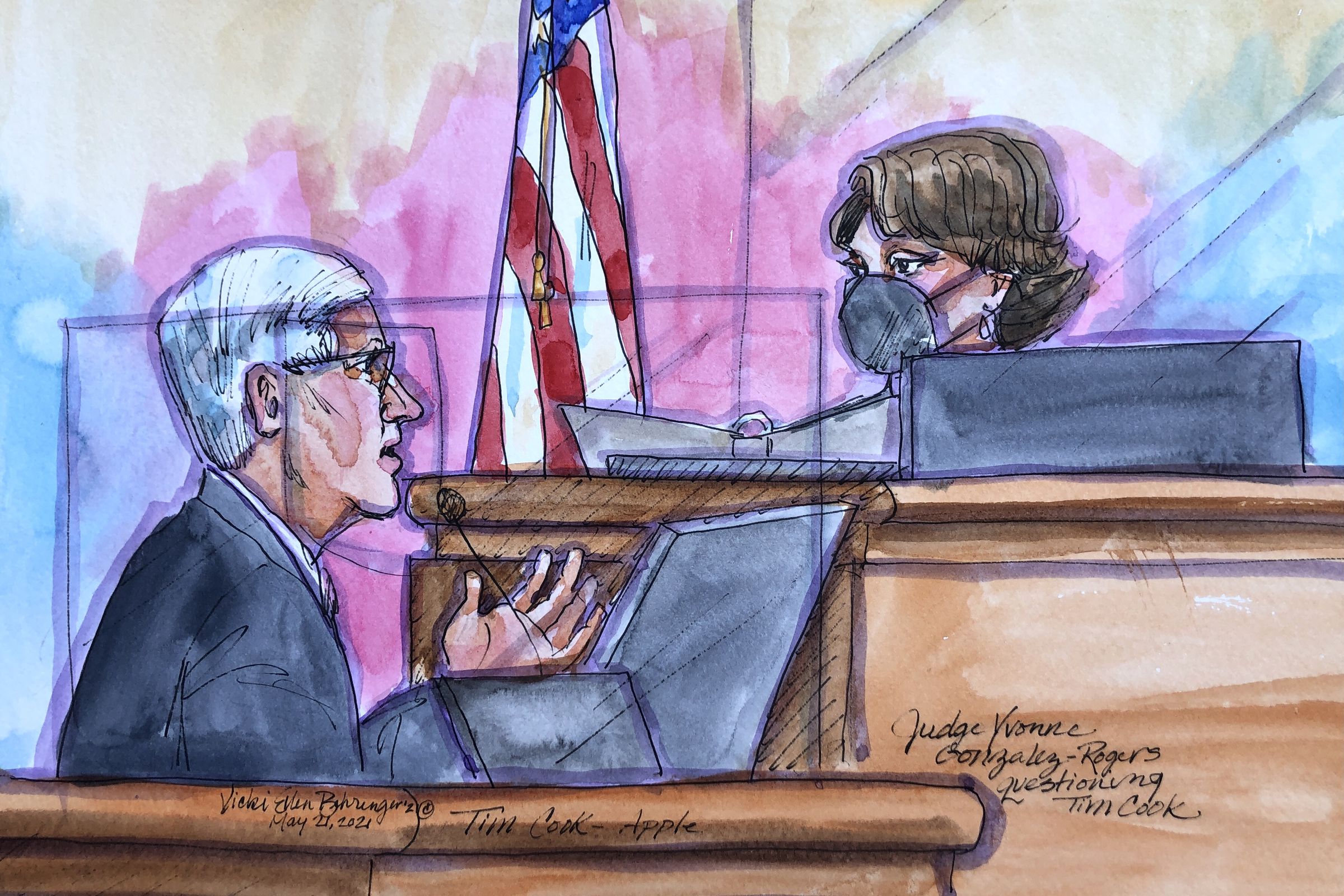 Tim Cook gestures evocatively towards Judge Yvonne Gonzales Rogers