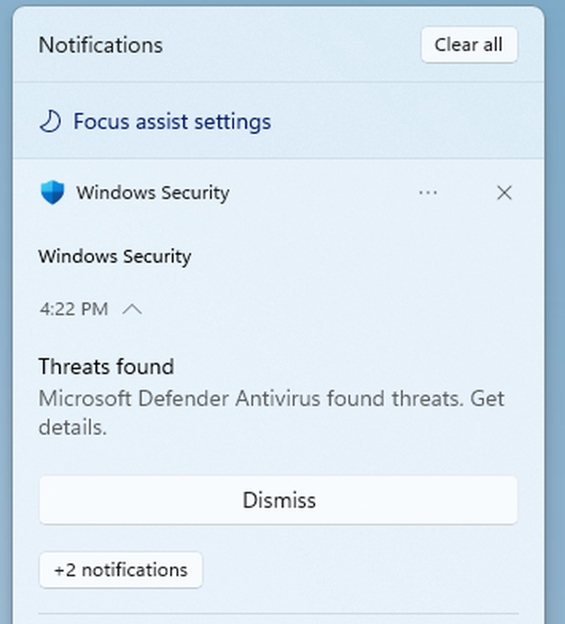 An example of the notification you’ll get if Windows Security finds a suspicious file.