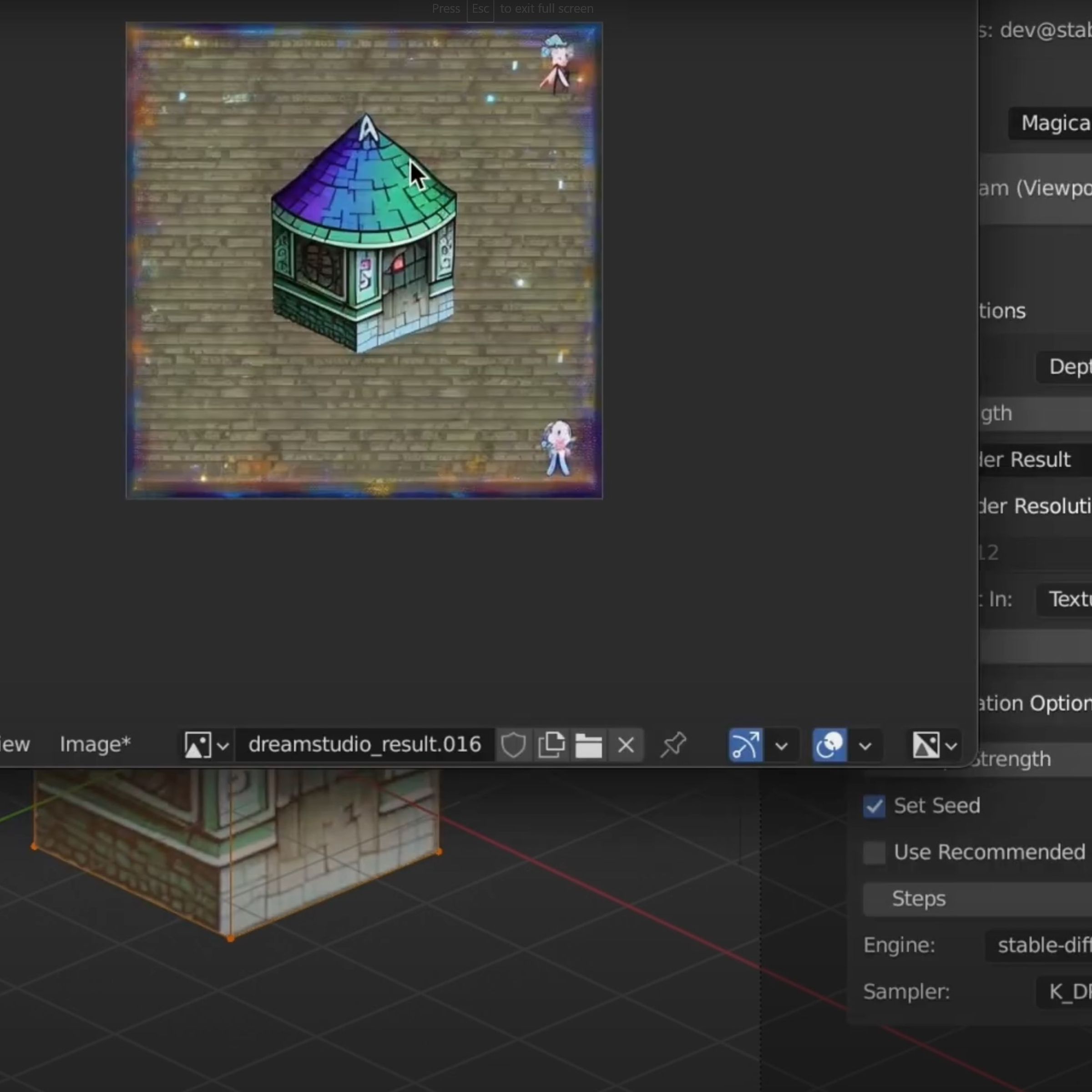 A screenshot of a 3D model of a house in Blender being transformed into a 2D image render using the Stability for Blender plugin.