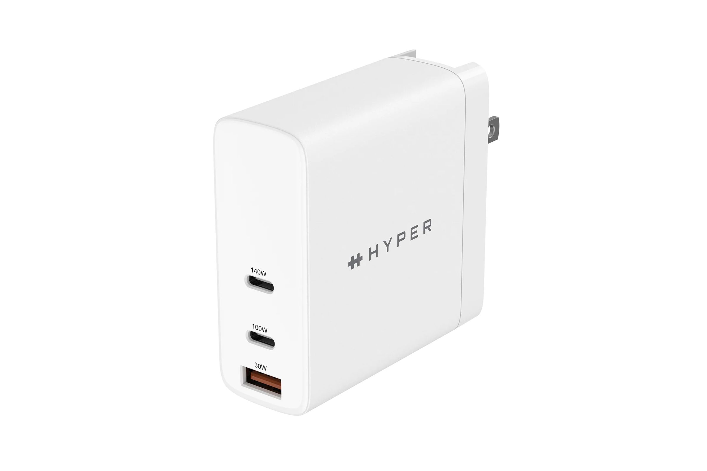 Floating in white space is a white colored charge brick, almost square in shape, that has the word Hyper printed on the side. There's a USB-C port labeled 140W, another under it with 100W, and a final full USB-A port with a 30W label.