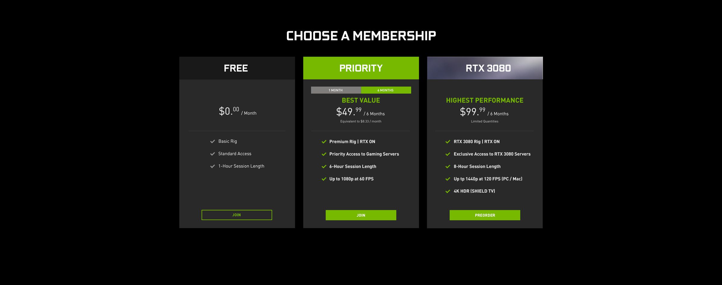 Pricing options for GeForce Now.