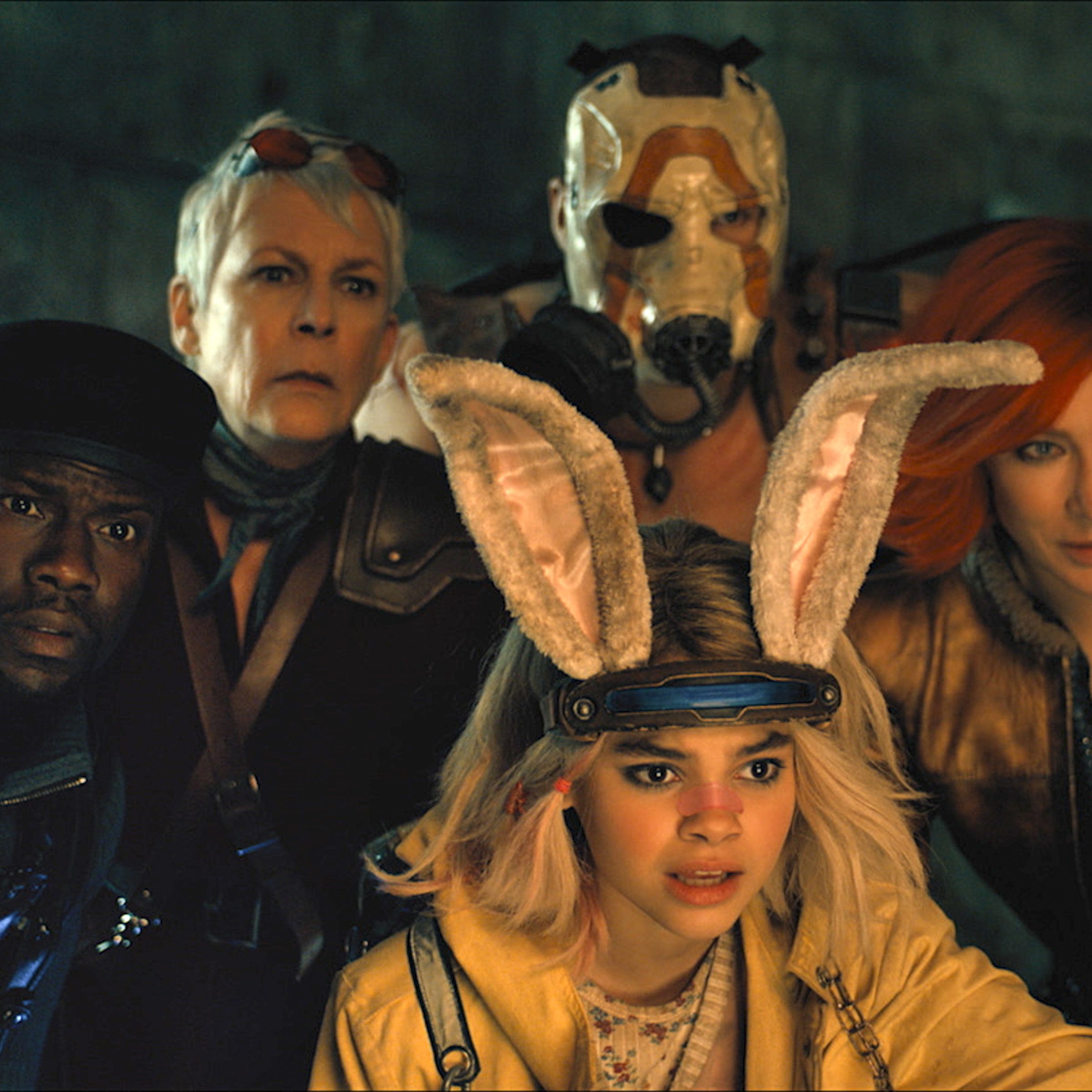 Production still from the Borderlands movie featuring Kevin Hart as Roland, Jamie Lee Curtis as Tannis, Ariana Greenblatt as Tiny Tina, Florian Munteanu as Krieg, and Cate Blanchett as Lilith.