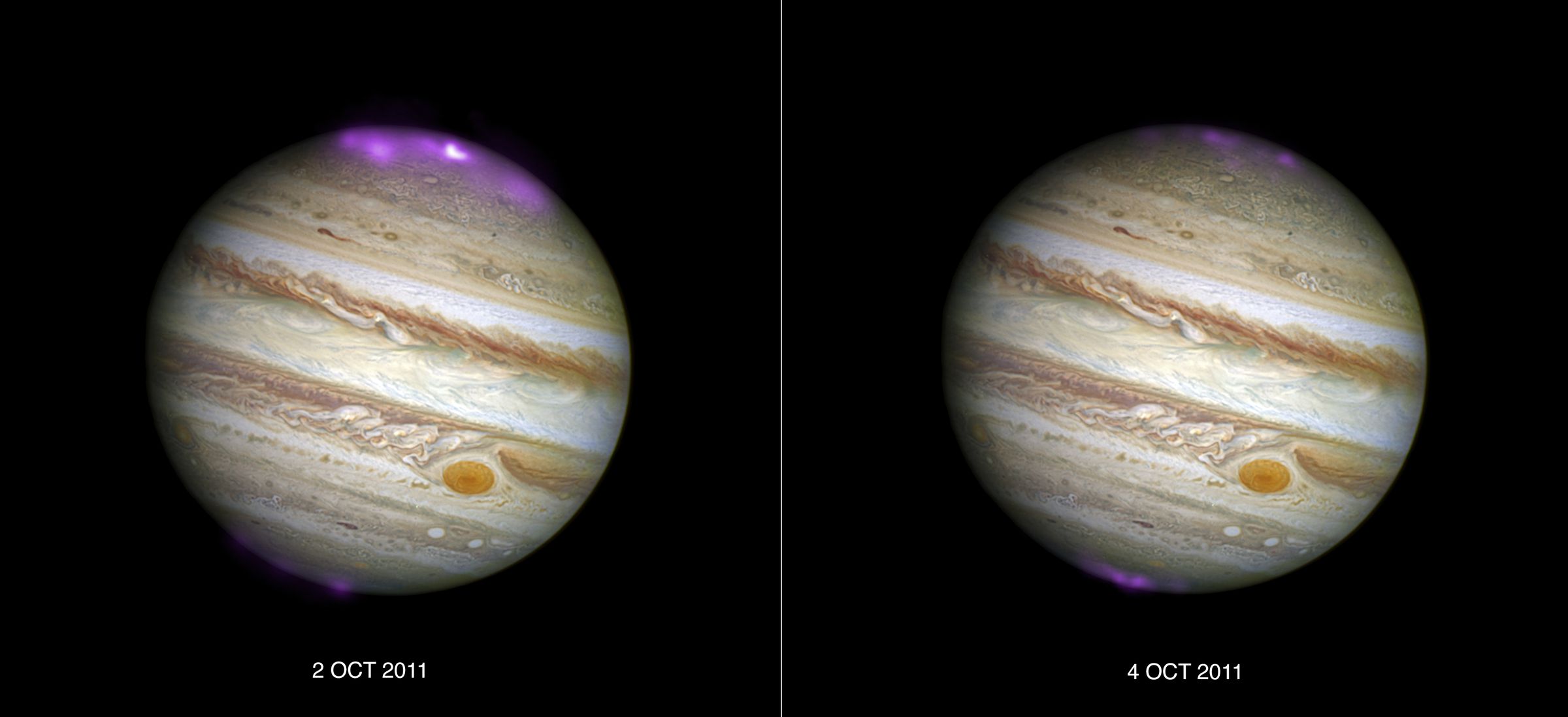 X-ray aurora data obtained by NASA’s Chandra X-ray Observatory over a picture of Jupiter taken by Hubble Space Telescope.
