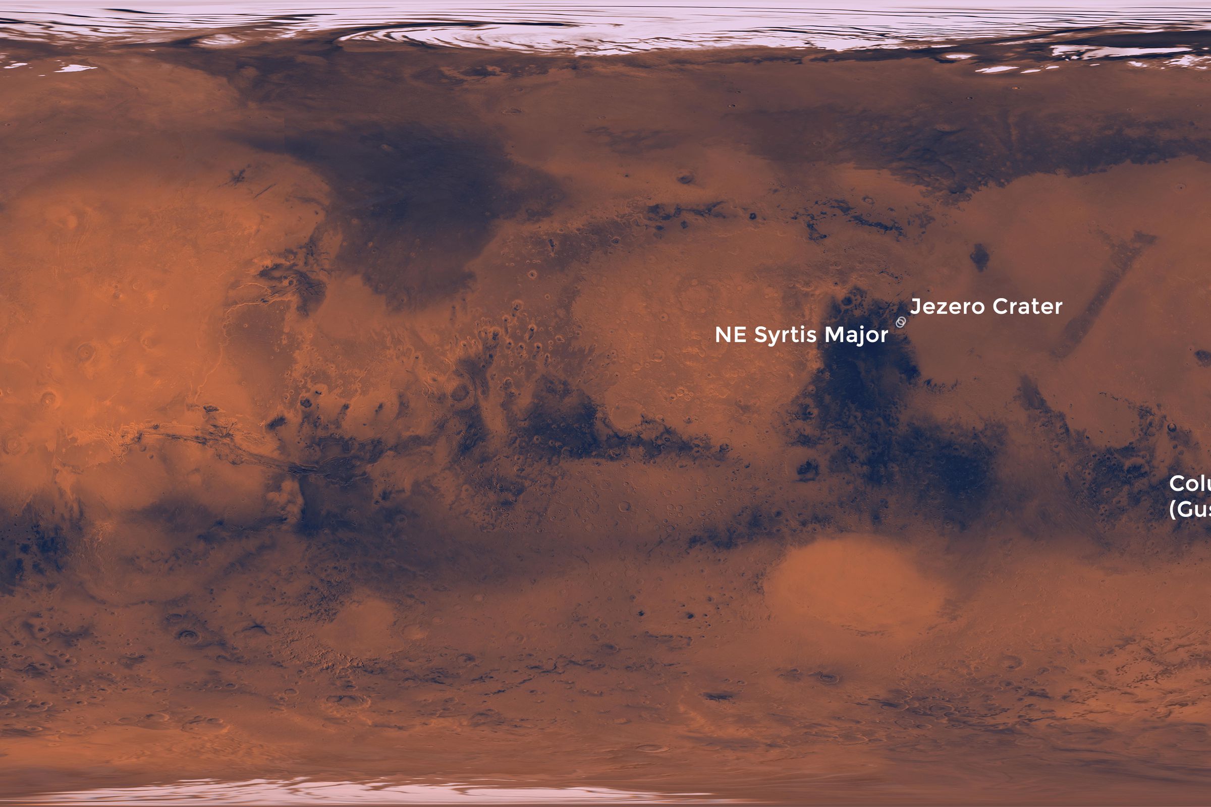 The three final landing sites for Mars 2020.