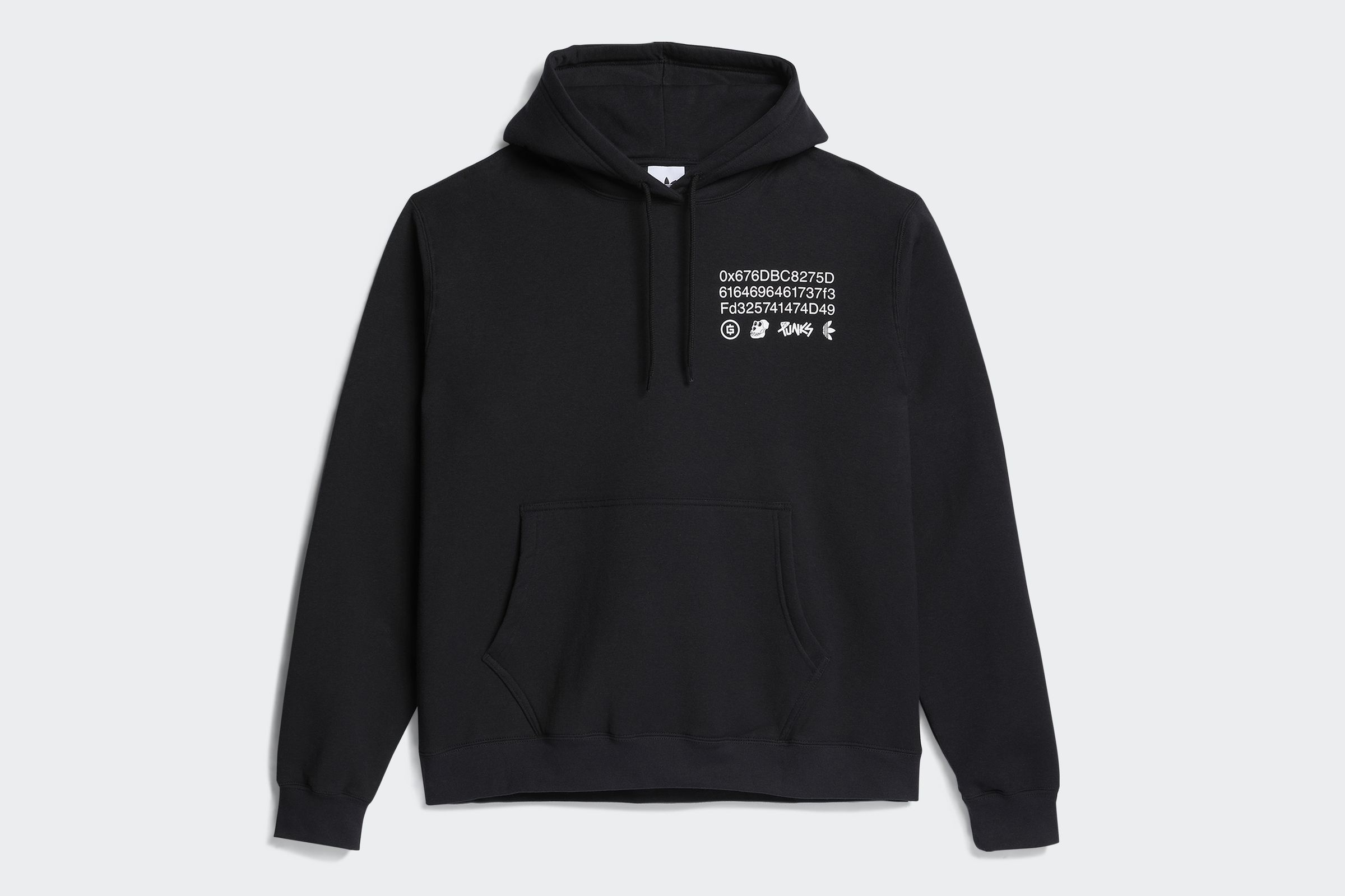 A black hoodie with text and logos on the upper left chest. There’s a blockchain address followed by logos for GMoney, Bored Ape Yacht Club, Punks Comics, and Adidas.