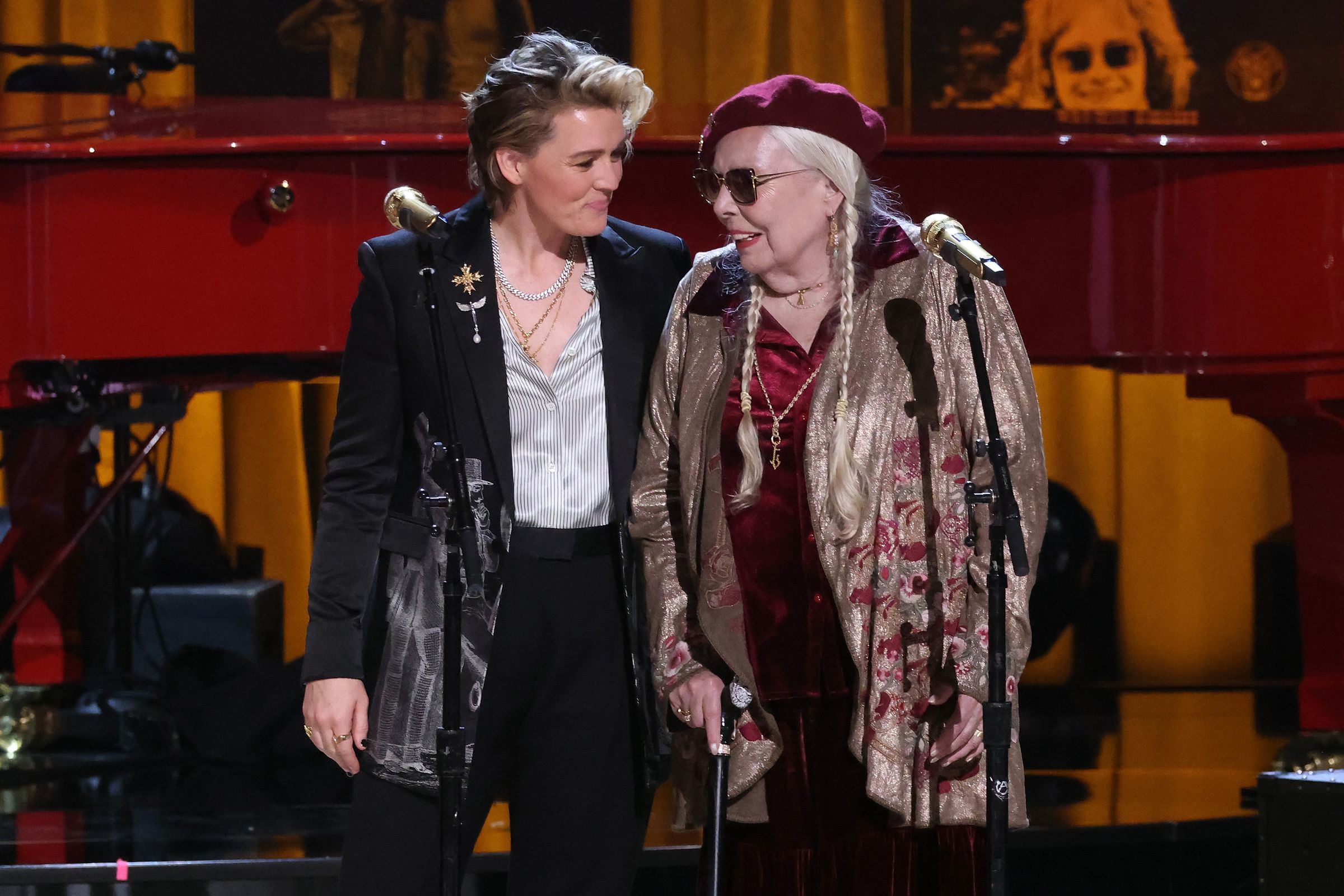 Brandi Carlile and Joni Mitchell perform during the 2024 Gershwin Prize for Popular Song presentation to Elton John and Bernie Taupin by the Library of Congress at DAR Constitution Hall on March 20, 2024 in Washington, DC.