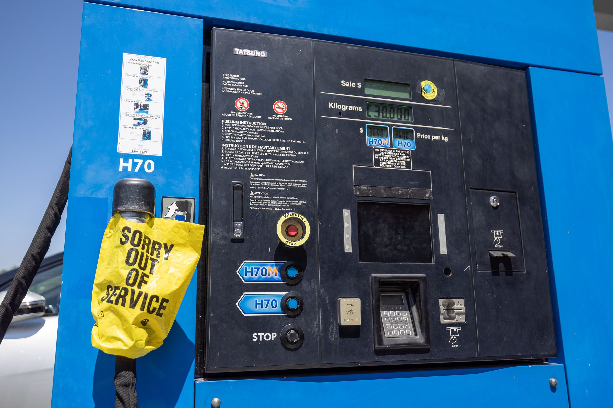 Alan Alcala, of Whittier, fills up his 2019 Toyota Mirai Fuel Cell vehicle with H70 at a TrueZero Hydrogen Fuel Station