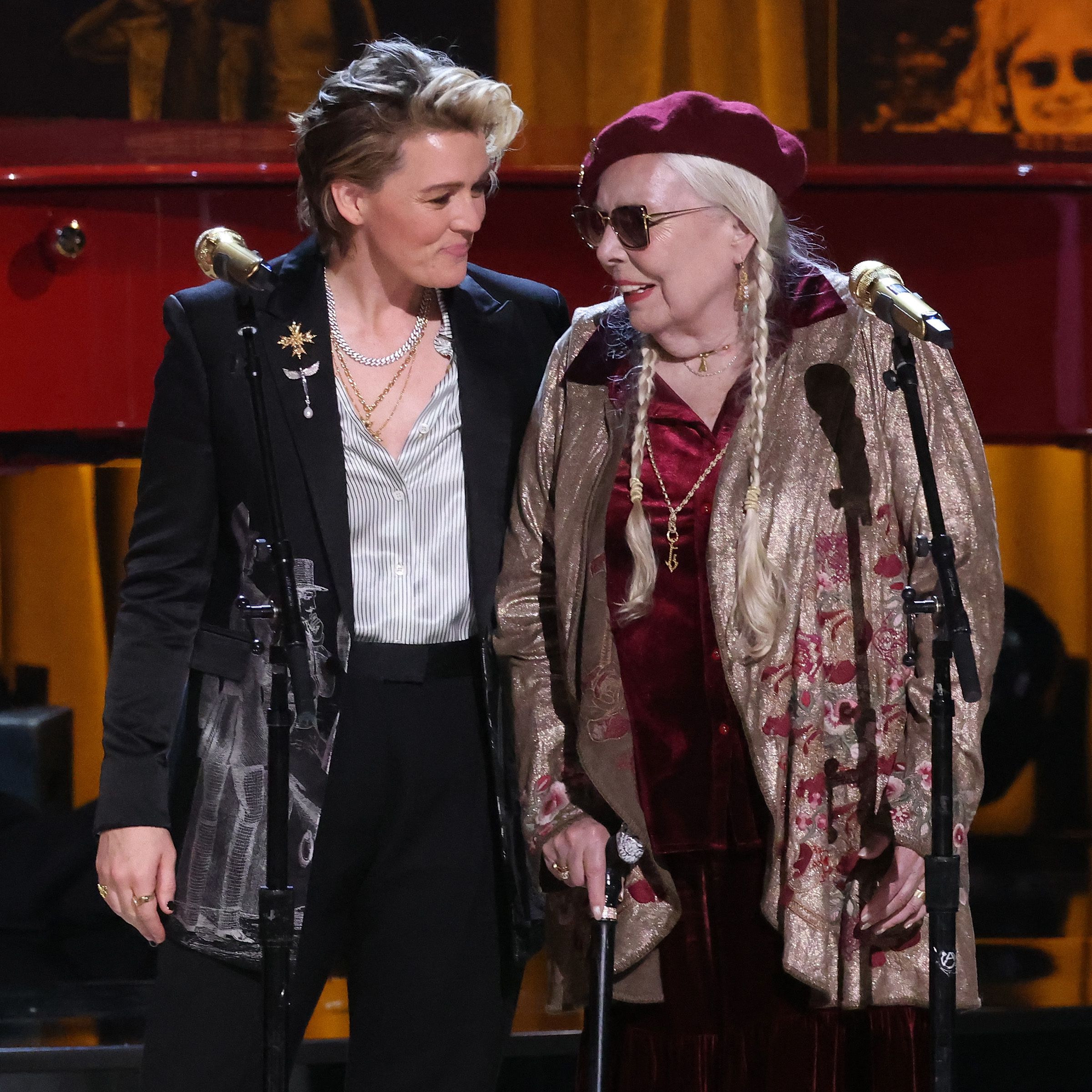 Brandi Carlile and Joni Mitchell perform during the 2024 Gershwin Prize for Popular Song presentation to Elton John and Bernie Taupin by the Library of Congress at DAR Constitution Hall on March 20, 2024 in Washington, DC.