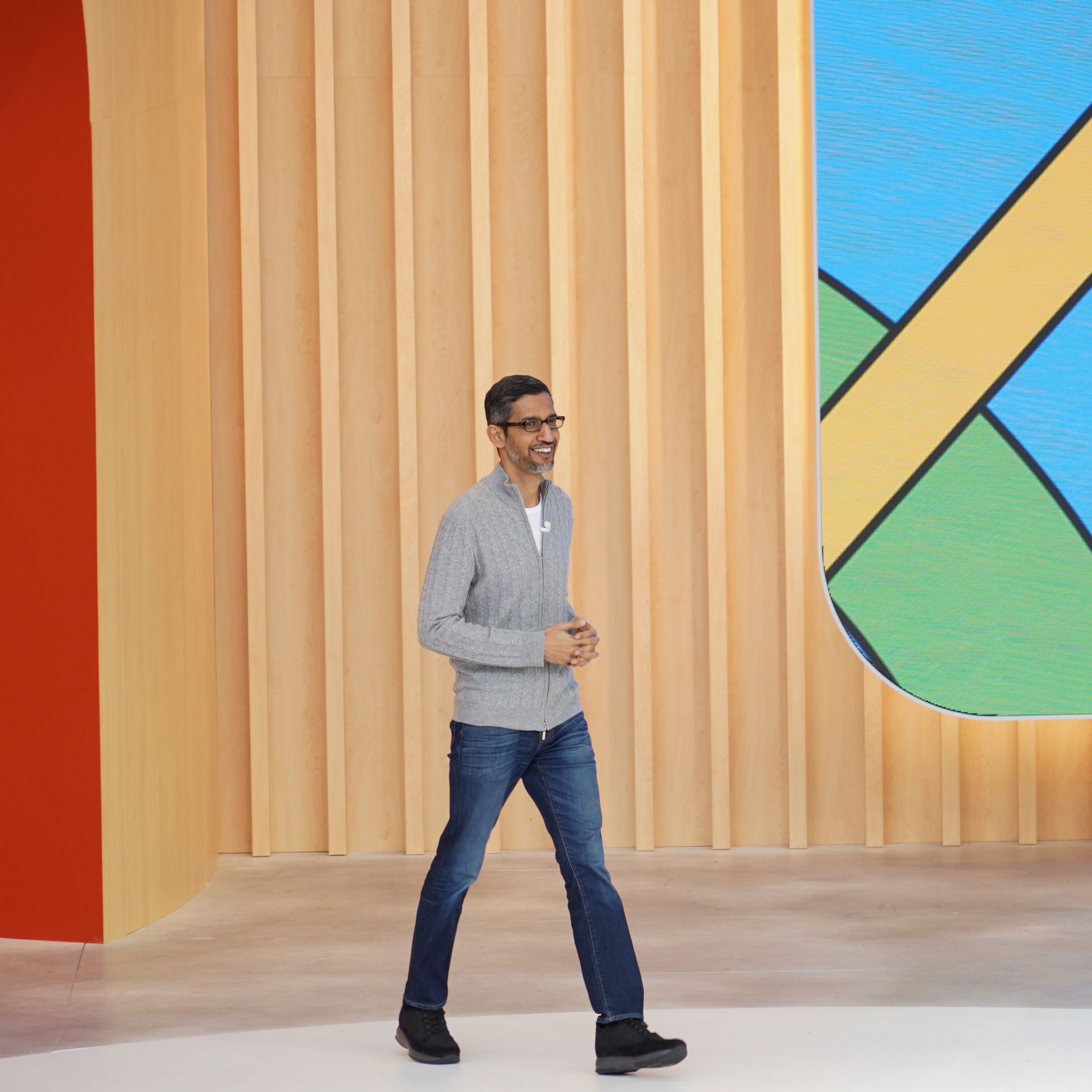 Google CEO Sundar Pichai on stage at I/O 2023.