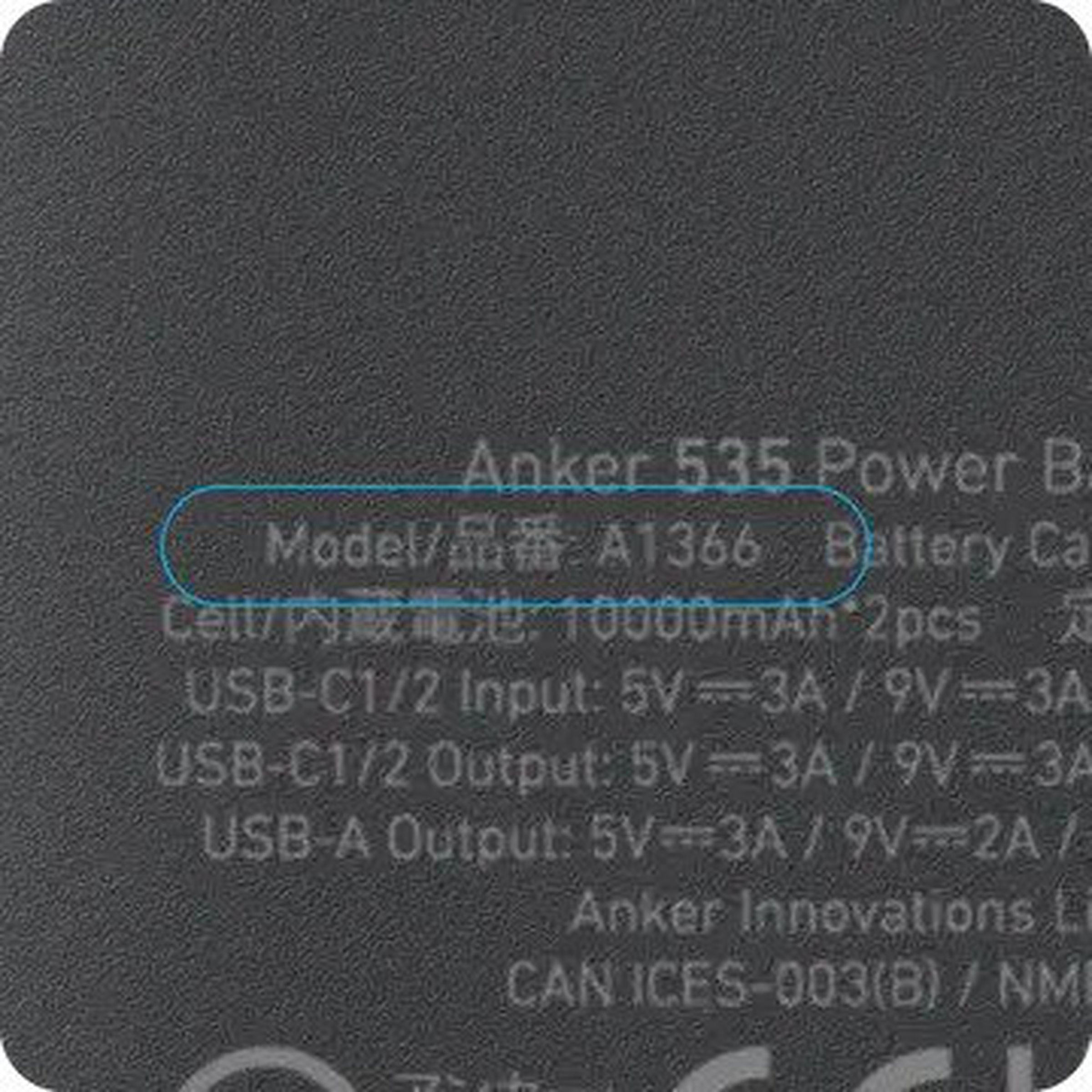 A close-up shot of the back of an Anker 535 Power Bank displaying the A1366 model number.