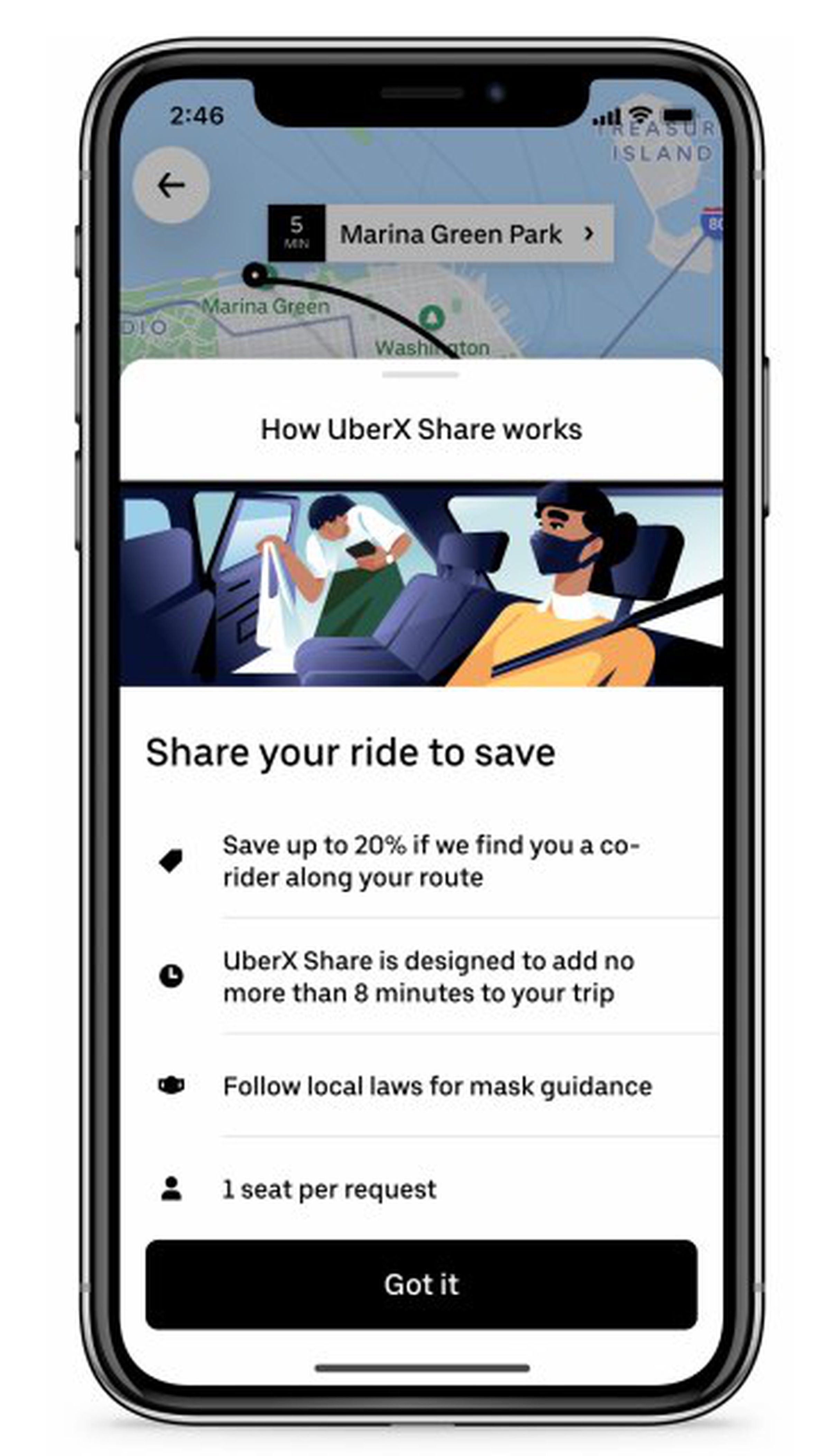 UberX Share information in the Uber app detailing savings, mask guidance, and 1 seat per rider rule
