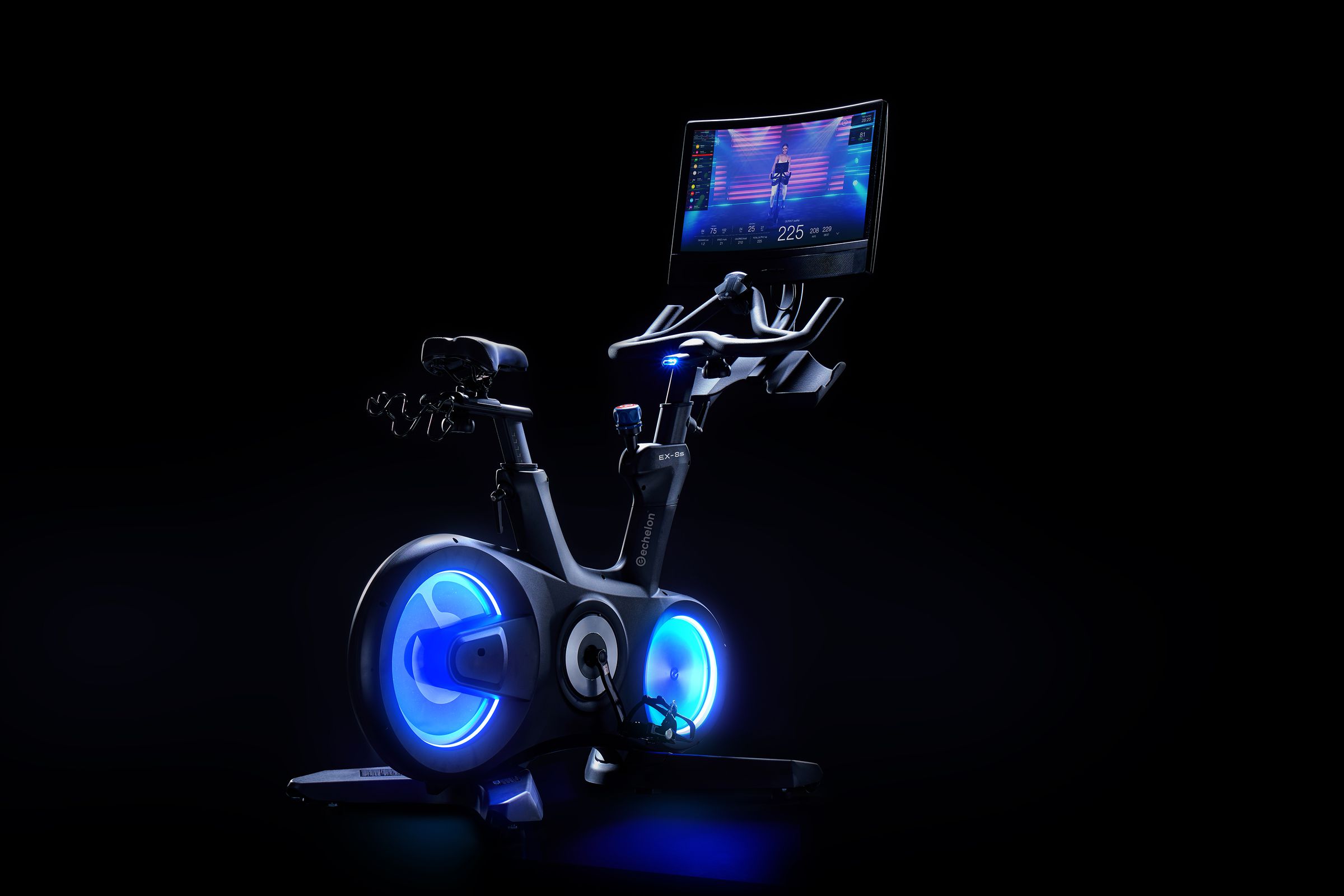 Echelon’s EX-8S against a dark background and blue LED flywheels