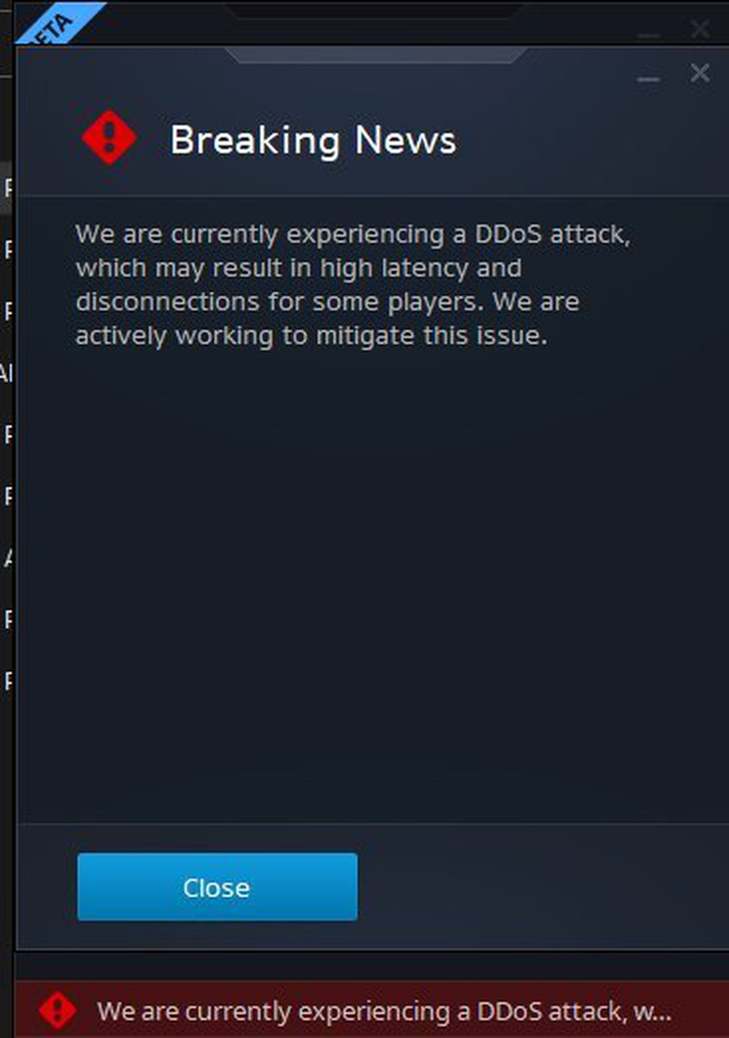 A news message that popped up in Battle.net warning users that there was a DDoS attack occurring.