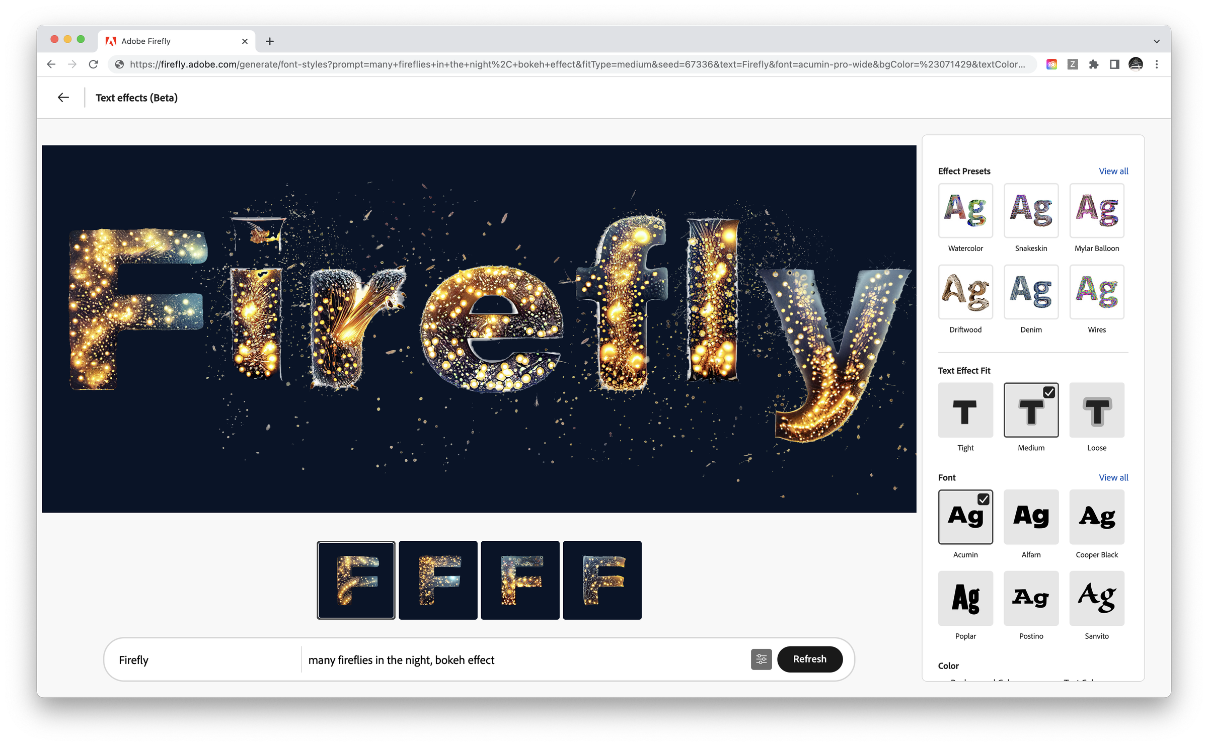 The word “Firefly” transformed to appear as though the letters are glass illuminated by glowing yellow fireflies.