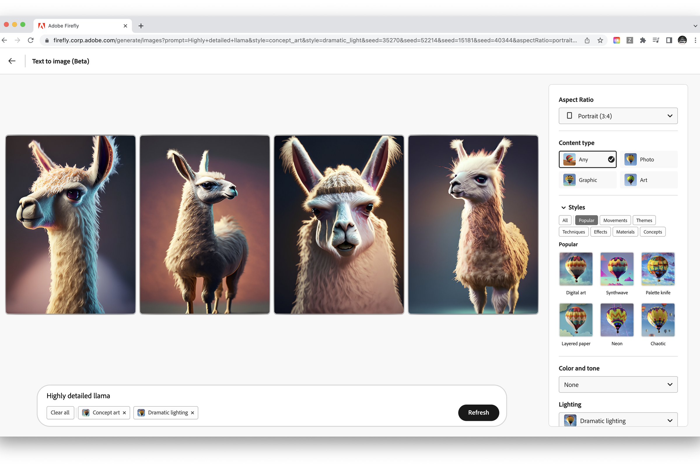 A screenshot from a browser showing four versions of a llama that have been generated by AI.