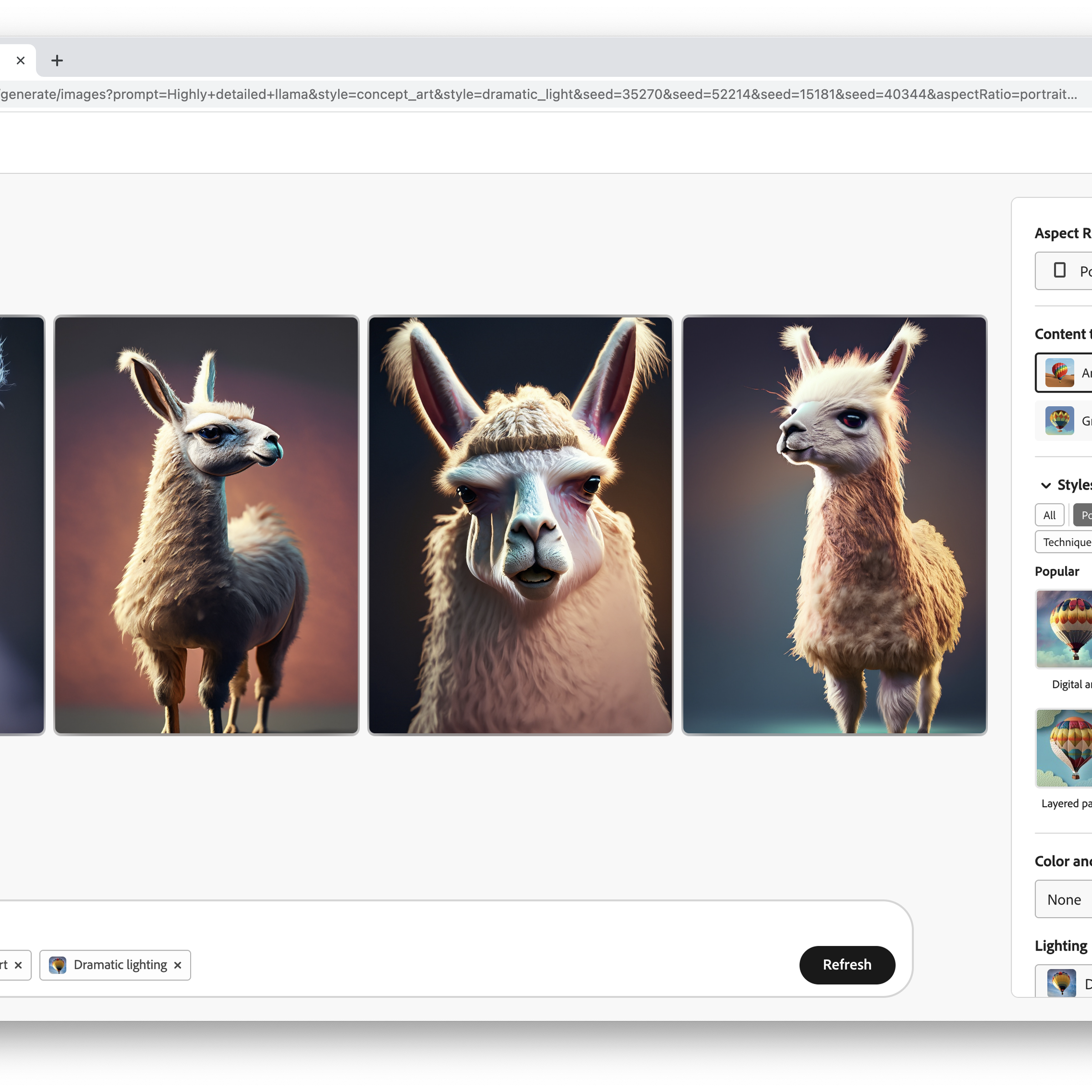 A screenshot from a browser showing four versions of a llama that have been generated by AI.