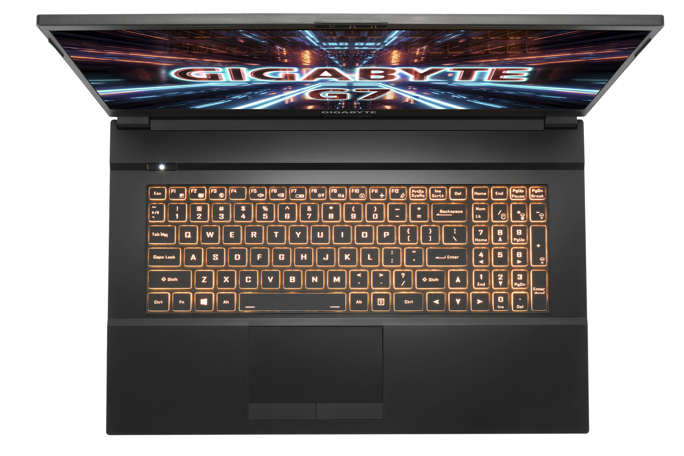 The Gigabyte G7 keyboard seen from above with orange backlighting.
