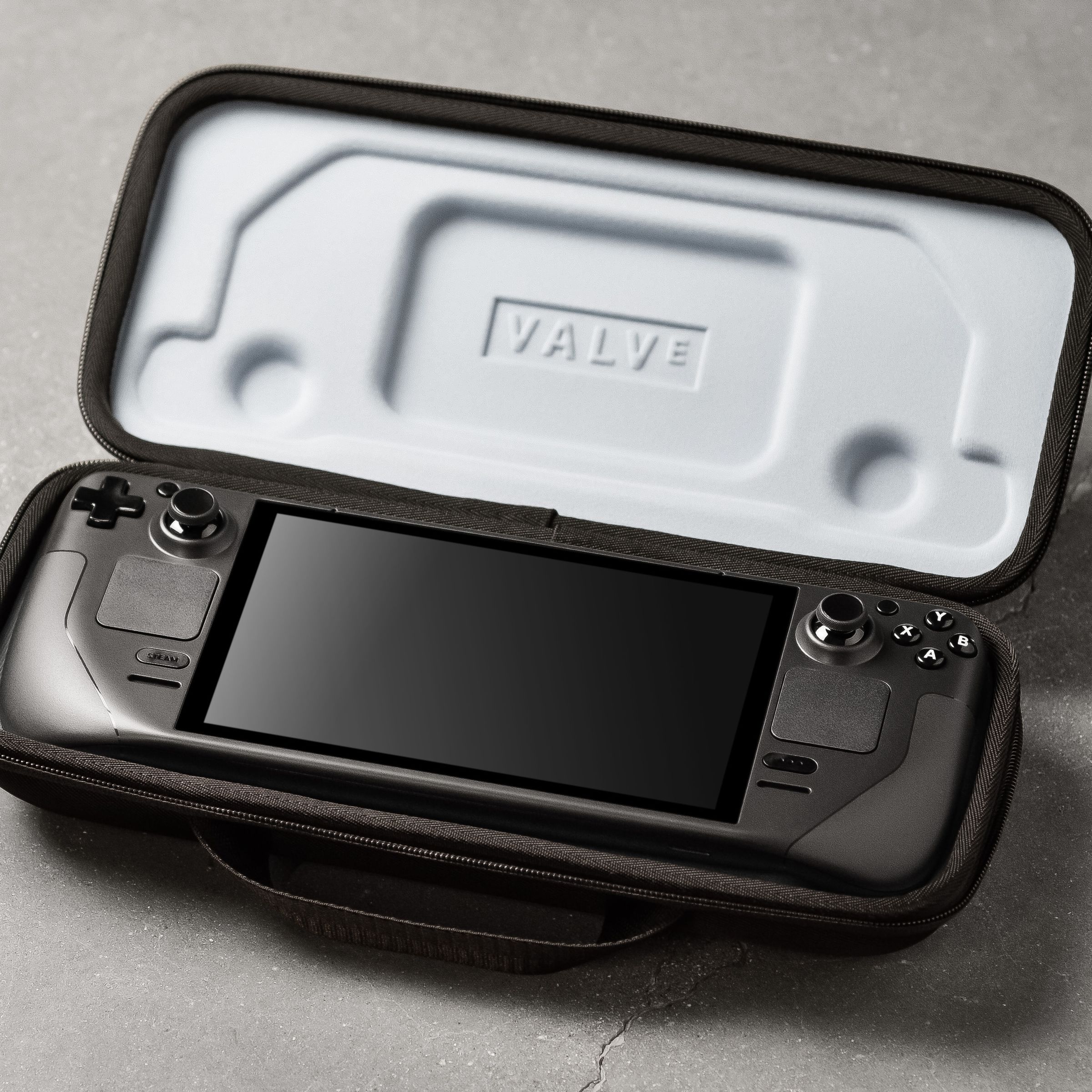 Valve’s Steam Deck and its carrying case.