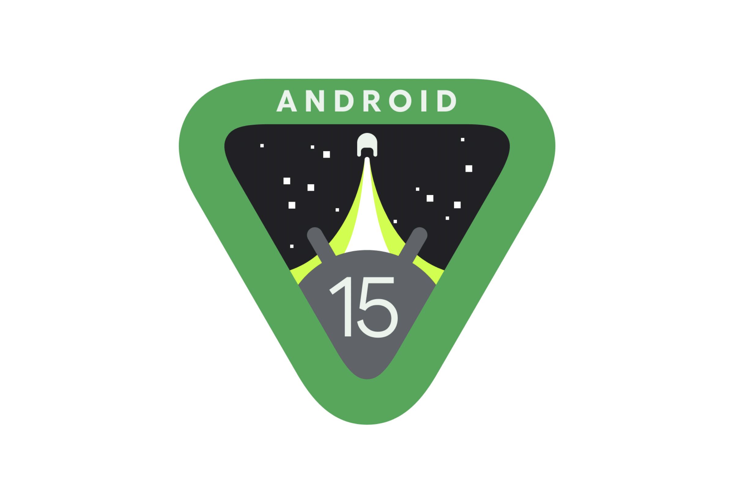 android 15 logo, a green upside-down triangle with a rocker launching into the stars and an android character looking up