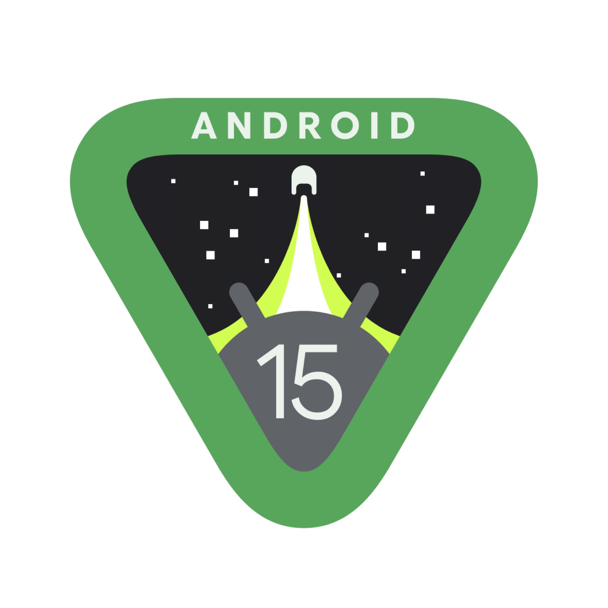 android 15 logo, a green upside-down triangle with a rocker launching into the stars and an android character looking up