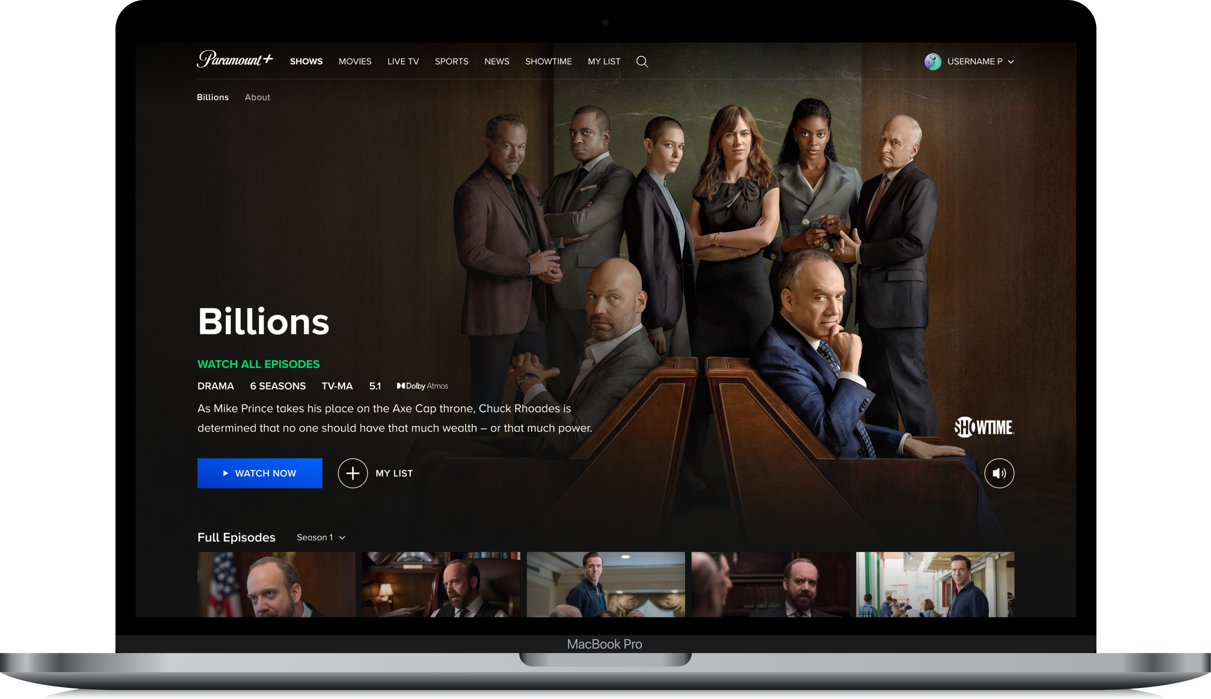 Laptop screen with Paramount Plus on the screen highlighting the Showtime series Billions