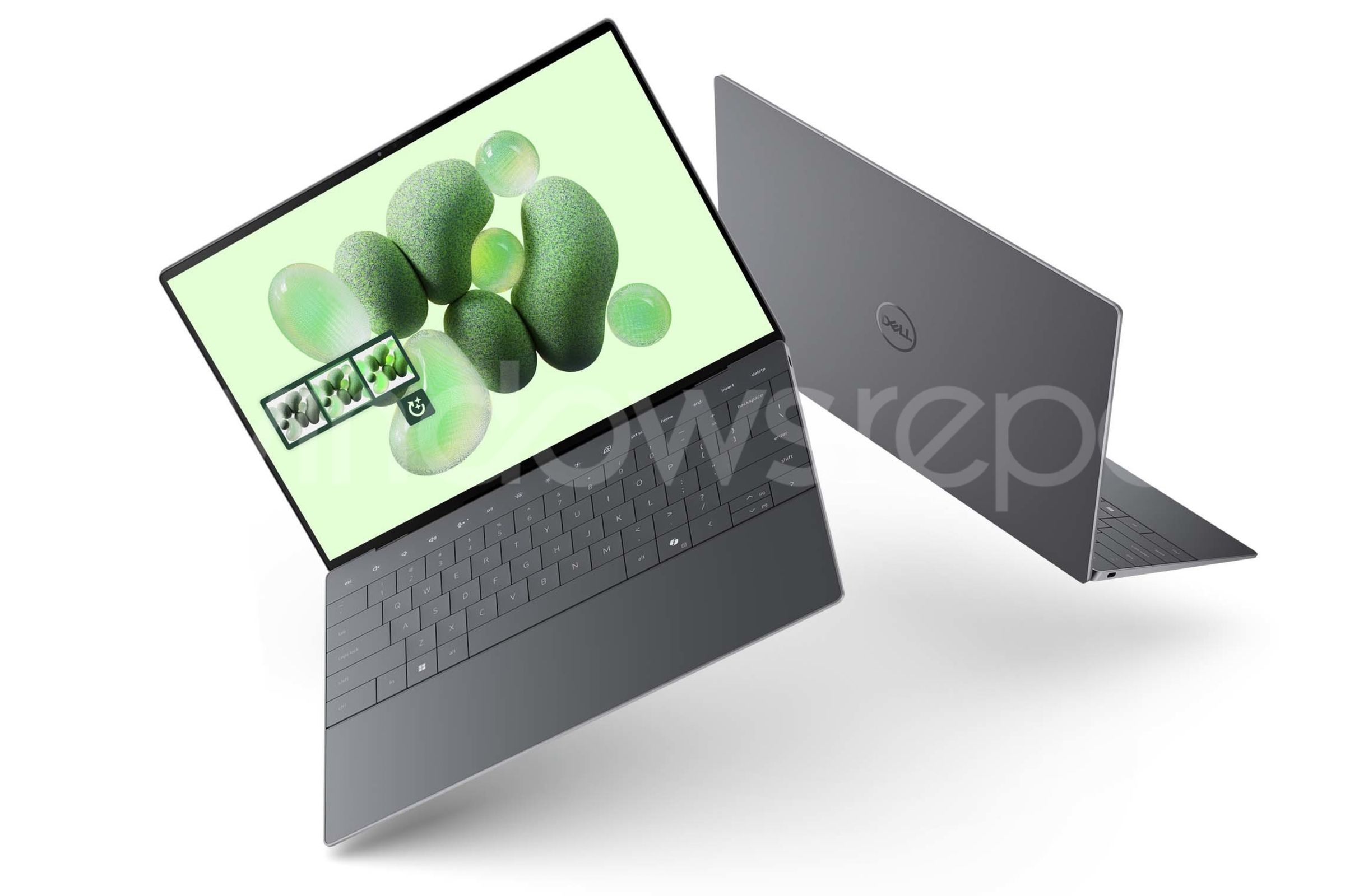 dell laptops floating back to back and opened showing slimness, green wallpaper screen with balloons, there's a copilot key on the bottom keyboard row