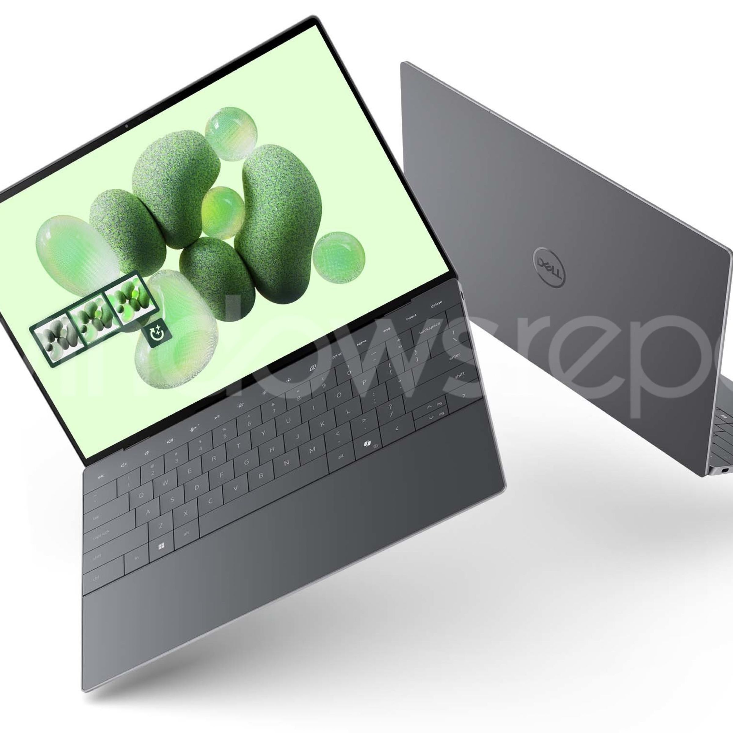 dell laptops floating back to back and opened showing slimness, green wallpaper screen with balloons, there's a copilot key on the bottom keyboard row
