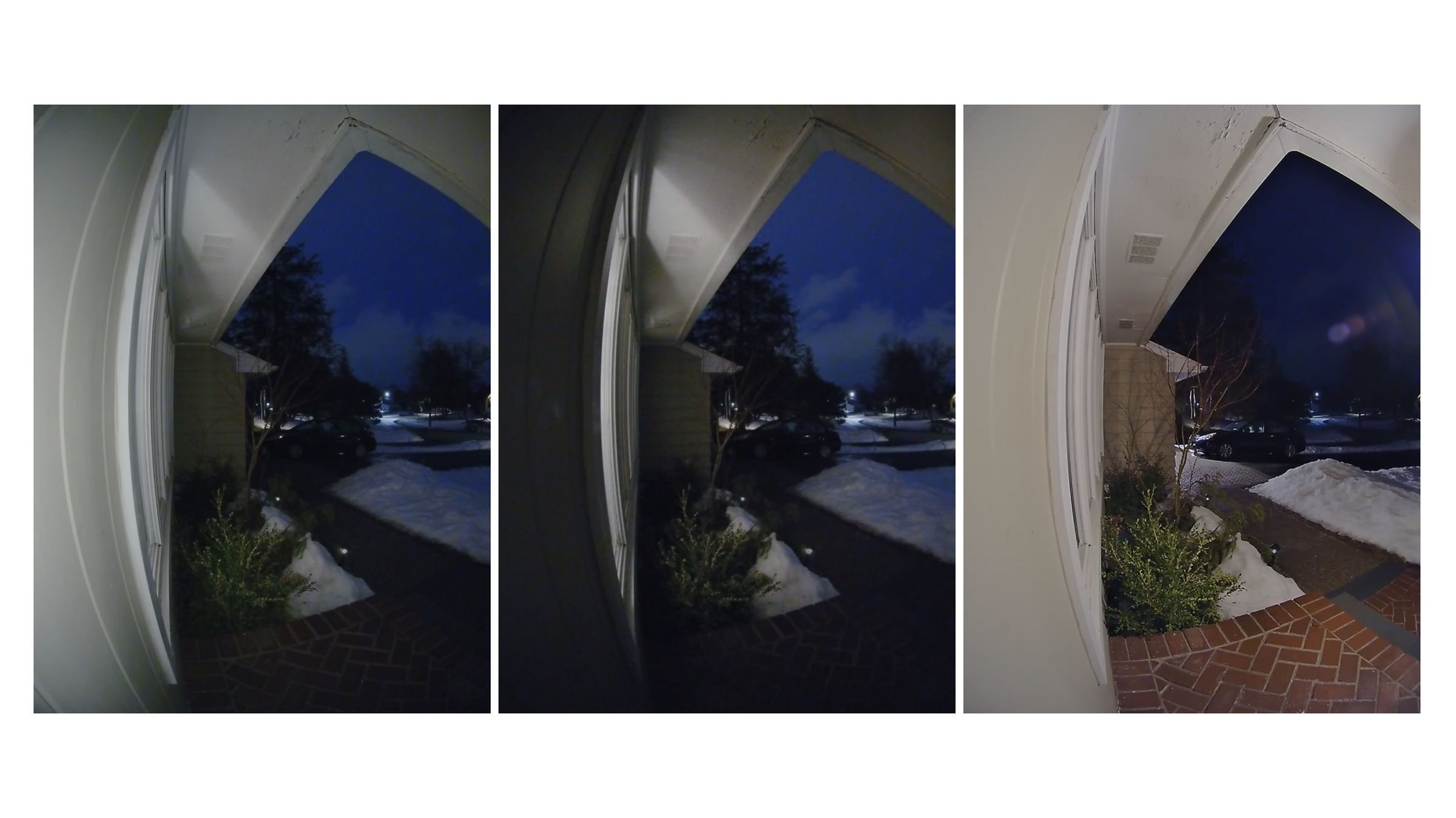 From left to right: the Circle View’s image at night with the nightlight on, the nightlight off, and with a porchlight on.