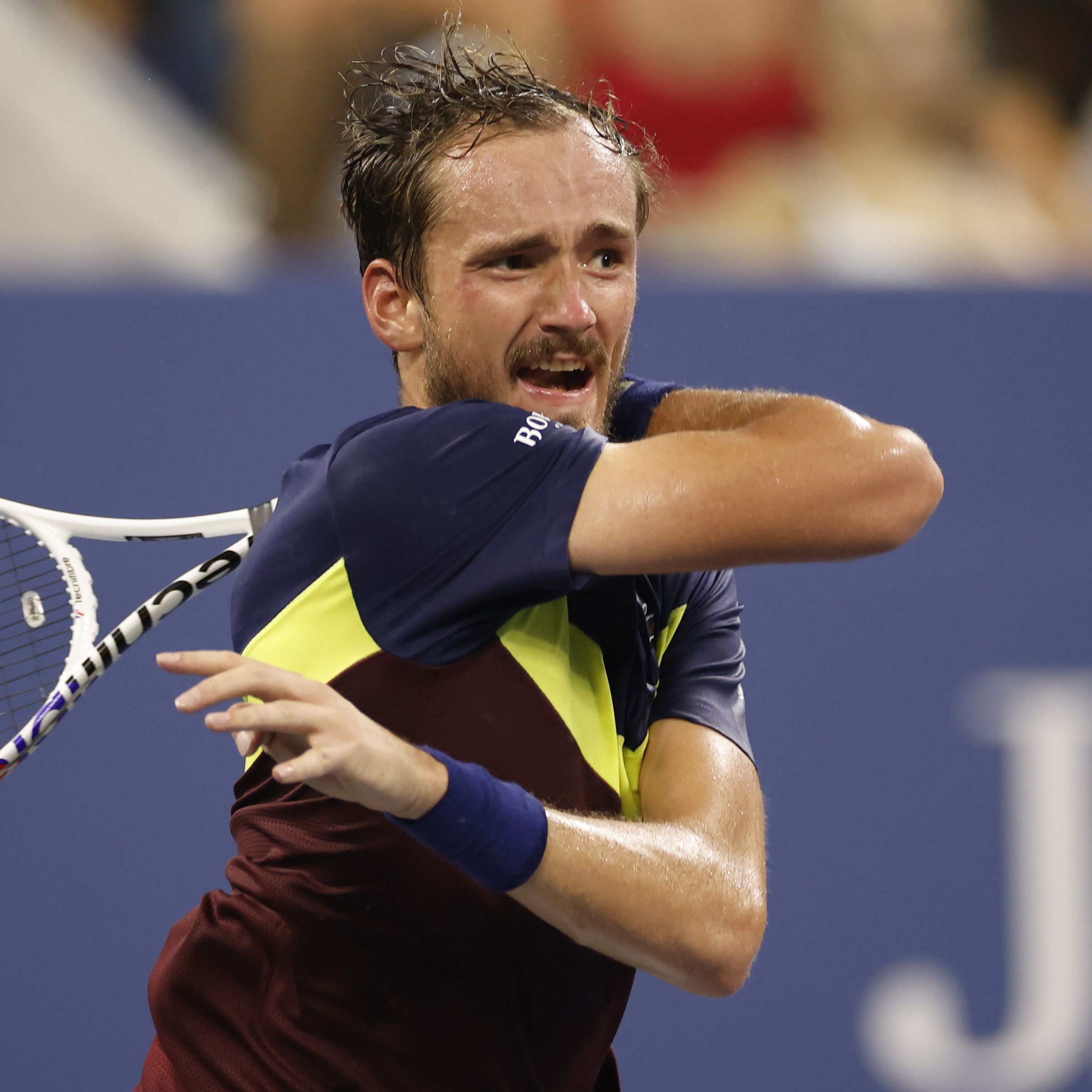 Daniil Medvedev of Russia returns a shot against Alex de Minaur of Australia during their Men’s Singles Fourth Round match on Day Eight of the 2023 US Open at the USTA Billie Jean King National Tennis Center on September 04, 2023 in the Flushing neighborhood of the Queens borough of New York City.