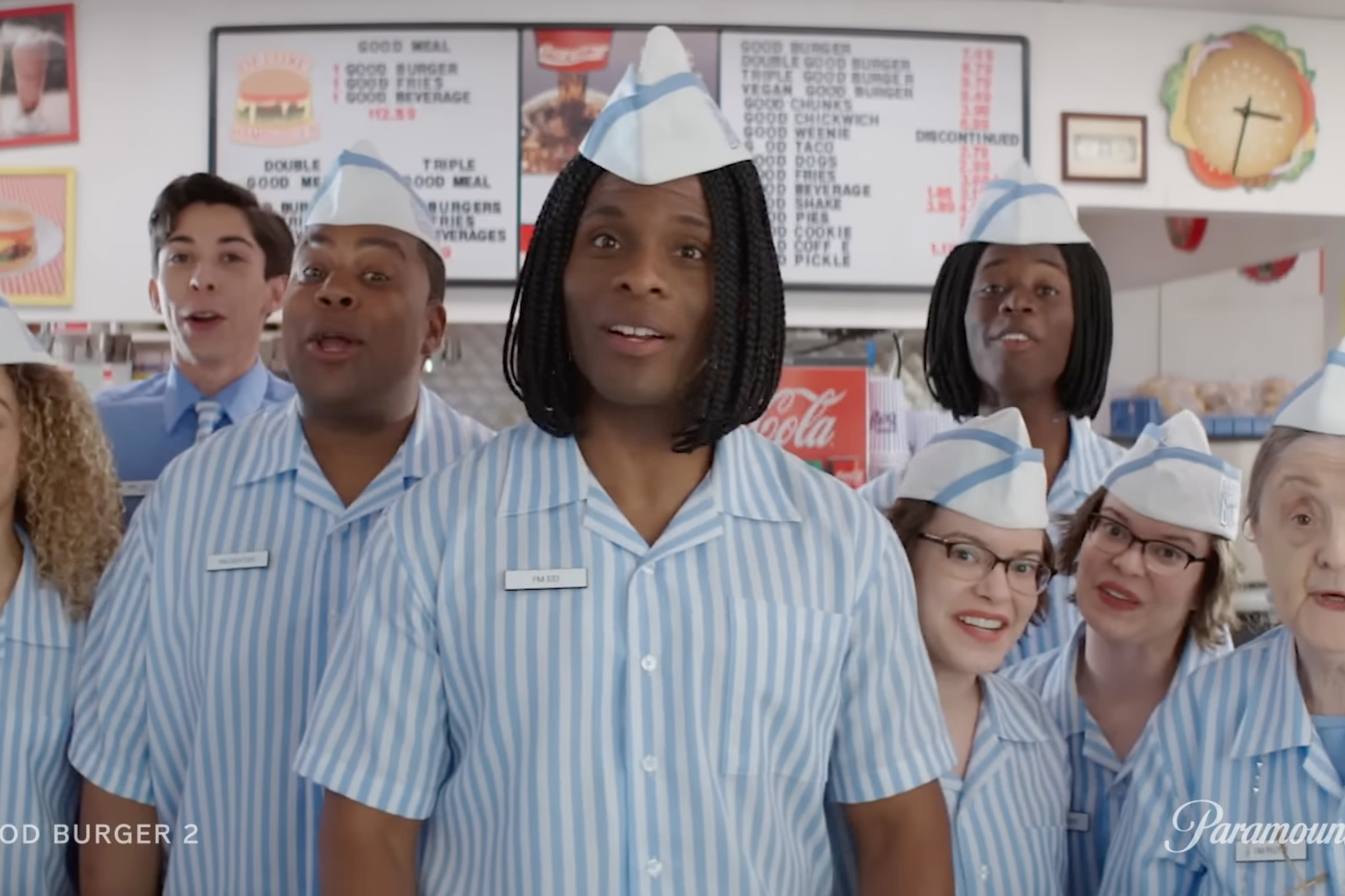 A screenshot from the Good Burger 2 teaser showing the employees of Good Burger in the new film.