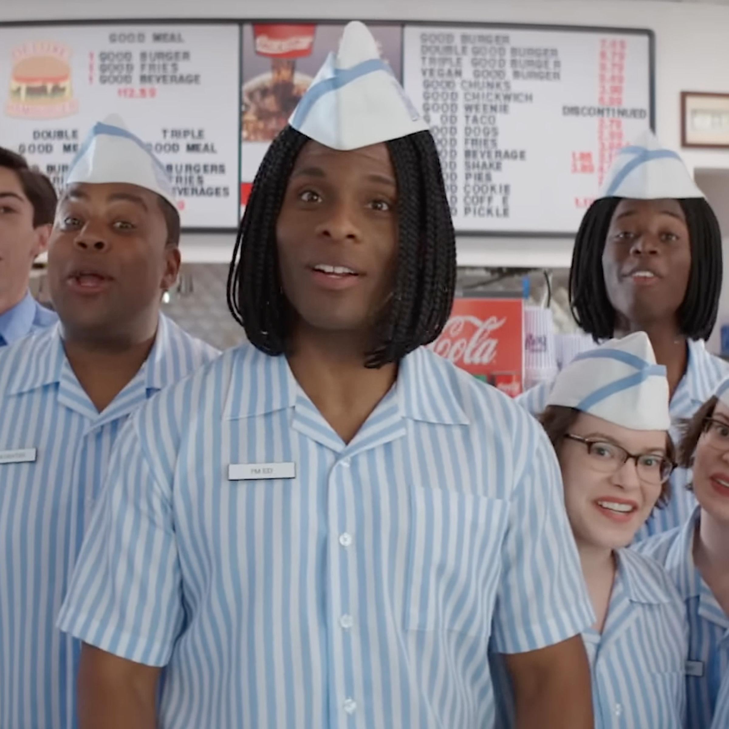 A screenshot from the Good Burger 2 teaser showing the employees of Good Burger in the new film.